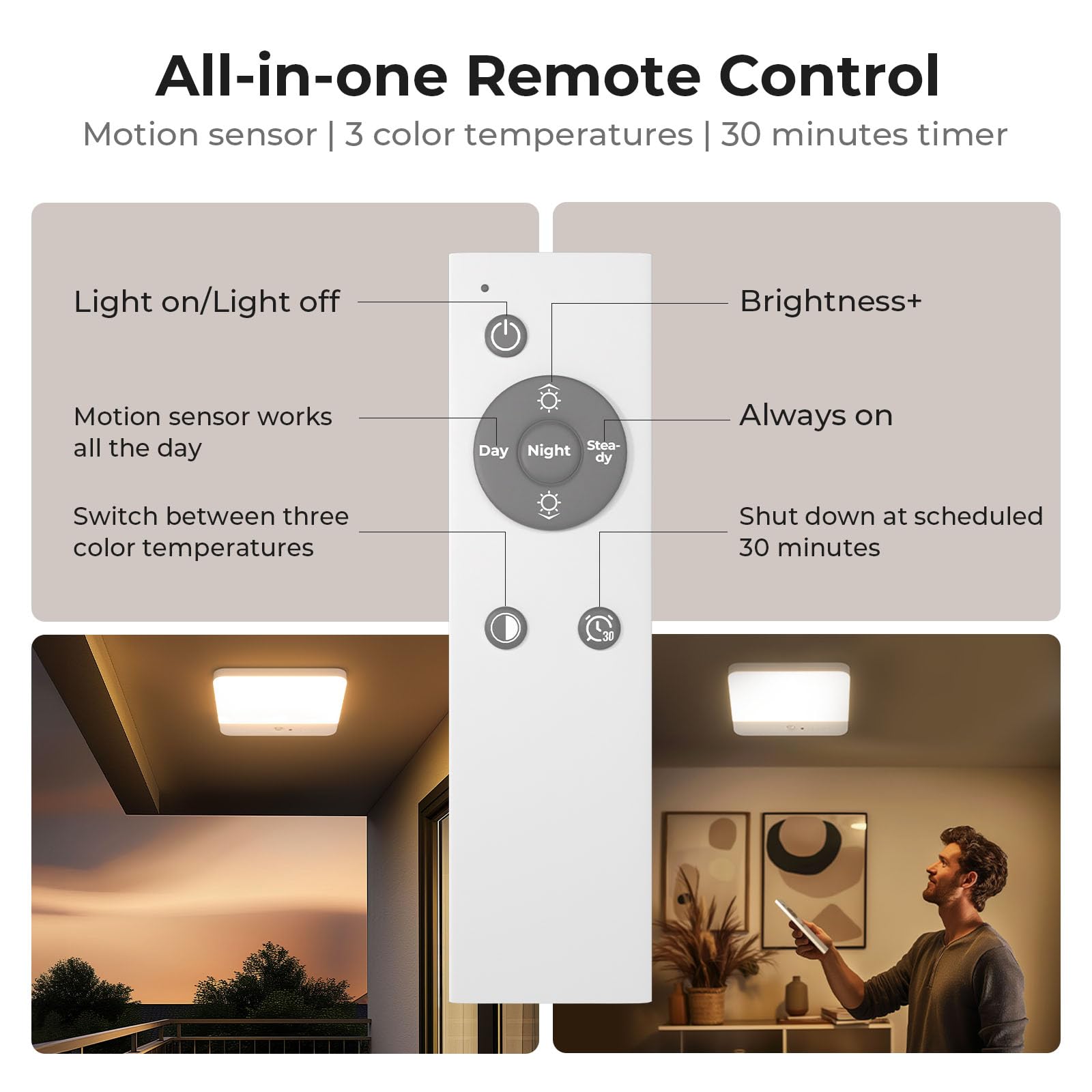 FULEN Motion Sensor Ceiling Light Fixture, LED, Battery Operated, Magnetic Mount, 2 Pack, White, Model CL05