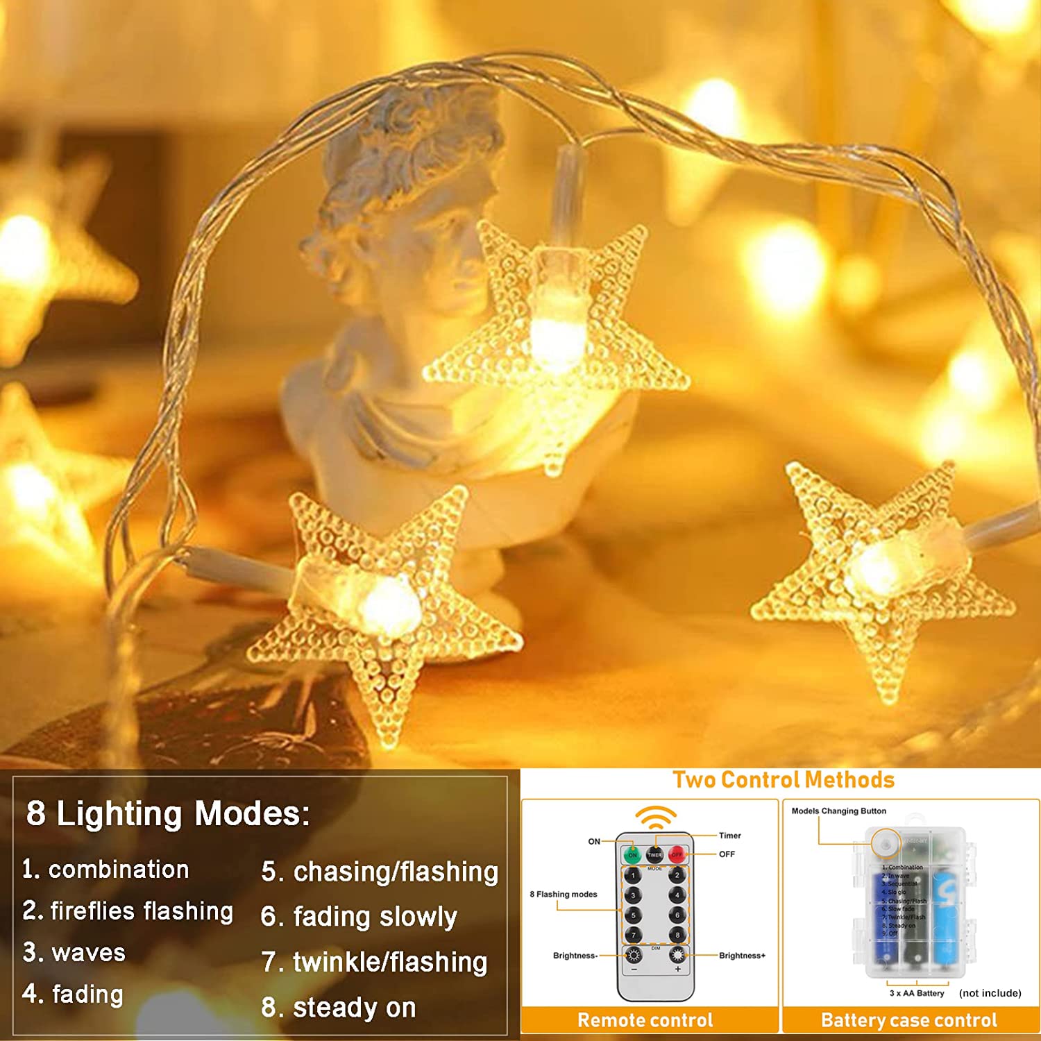 YoTelim 33FT Star String Lights, Battery Operated, Waterproof, 100 LED Fairy Lights, 8 Modes, Warm White