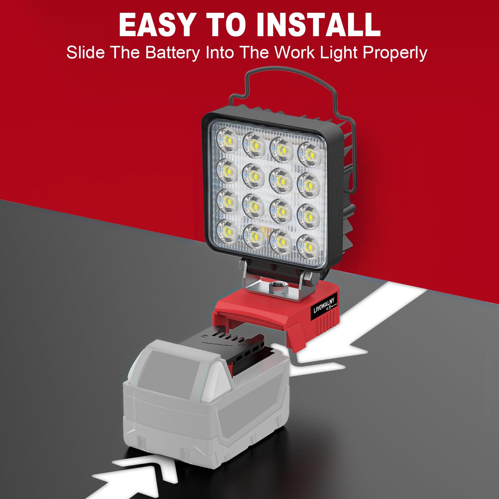 LIVOWALNY Portable LED Work Light - 48W 4800LM, ABS, Compatible with Milwaukee M18 Battery, USB & Type C Charger Port