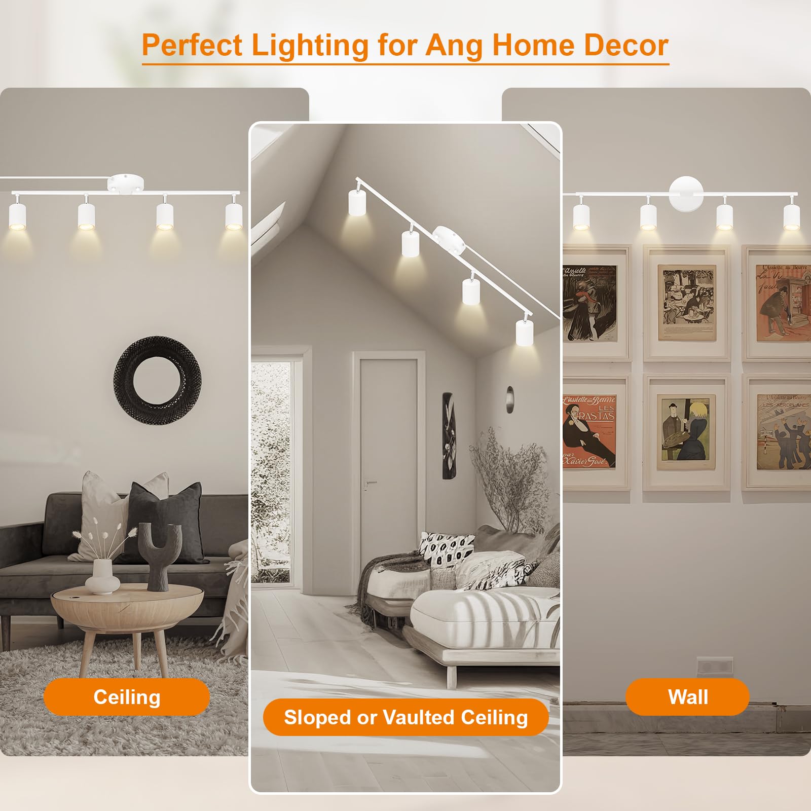 Bricosmocon 4-Light Track Lighting Kit, White Metal Ceiling Fixture, GU10 Socket, 14.8ft Power Cord, Rotatable Spotlights