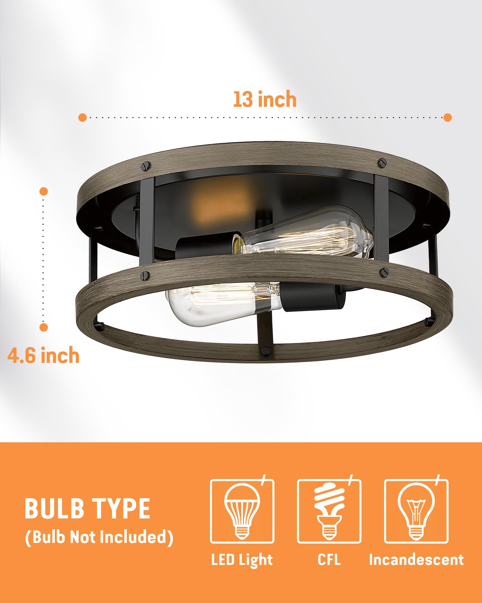 Eapudun Farmhouse 2-Light Flush Mount Ceiling Light, Matte Black & Wood, Retro Design