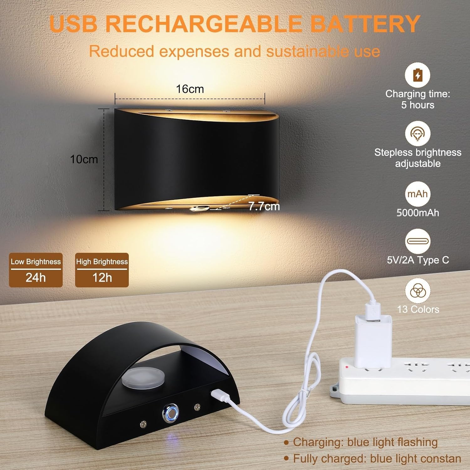 Lightess Rechargeable Wall Sconce, 13 Rgb Colors Battery Operated Wall Sconces With Remote & Touch Control, Cordless Wall Lamp B