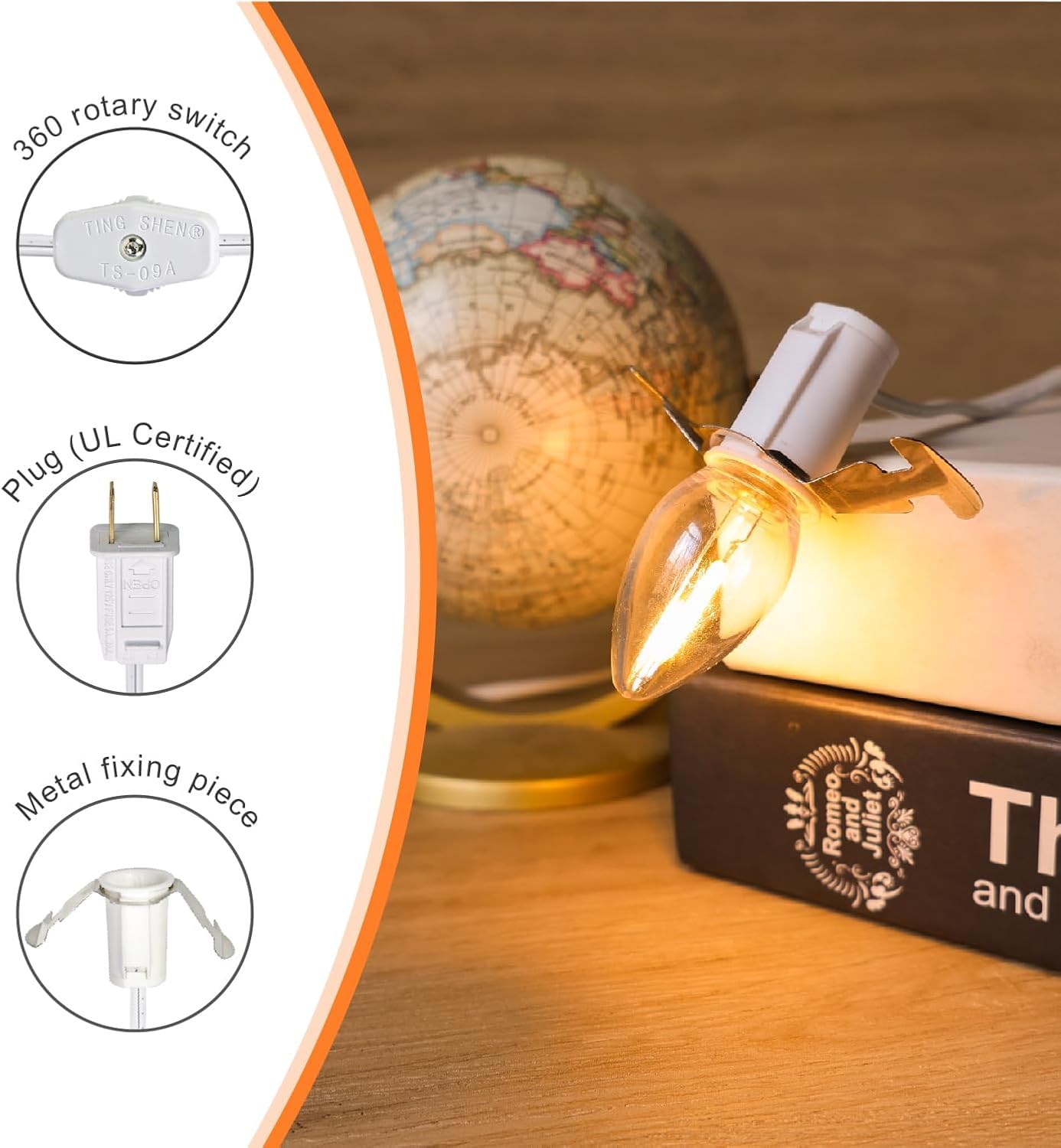 Kiraralite 4 Accessory Cord with 4 LED Bulbs, 6ft White Cord, On/Off Switch, E12 Candelabra for Halloween & Christmas Decorations
