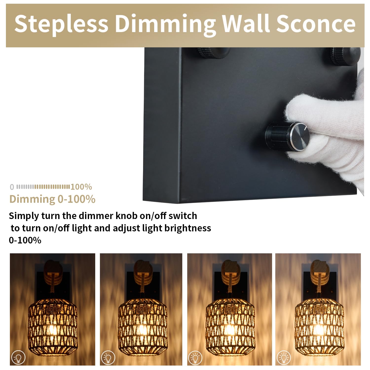 Neechicx Rattan Wall Sconces Set of Two, Hardwired Farmhouse Lamps, Dimmable Switch, Rustic Light Fixtures, 2 Pack