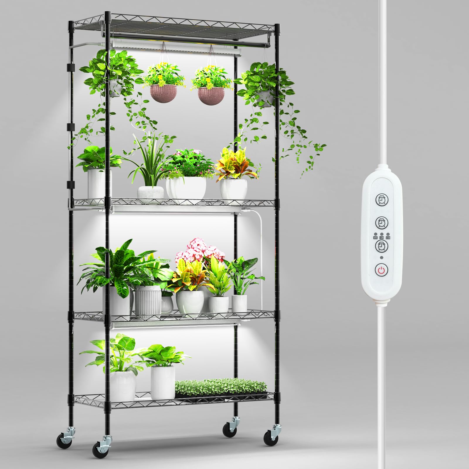 Nedechom Plant Shelf with Grow Light, 4-Tier Metal Grow Light Shelf with Hanging Rod and Adjustable Rack,3-Pack 6000K T12 LED Fu