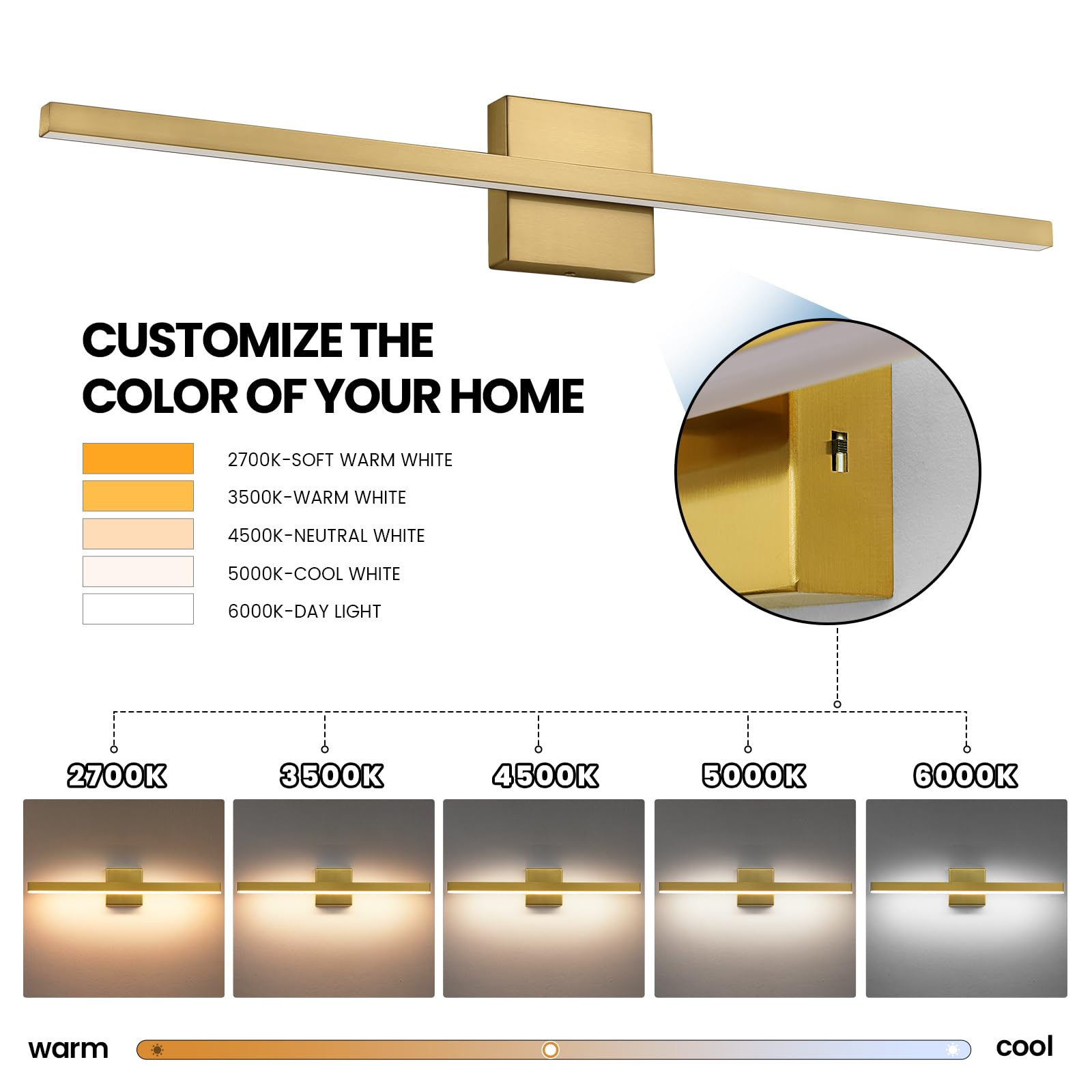 Epinl Gold Bathroom Light Fixtures - 23.6 Inch Brushed Gold Vanity Lights For Bathroom Over Mirror Dimmable18W Led Dimmable 5Cct Wall Sconce Lighting Fixture For Bathrooms Bedroom