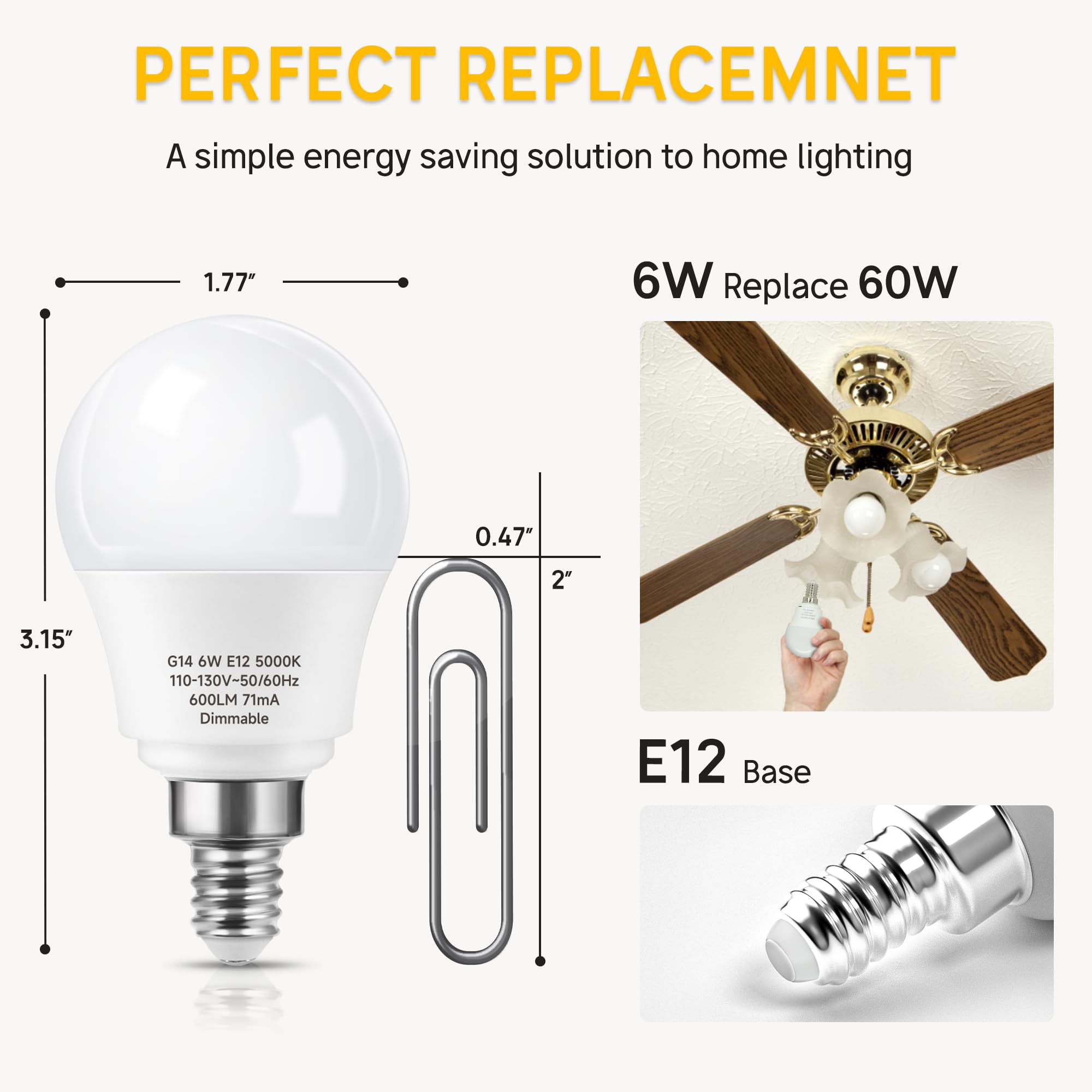 Prosperbiz Led Ceiling Fan Light Bulbs, Dimmable E12 Small Base Light Bulb 5000K Daylight, 6W Equivalent 60 Watt, G14 Chandelier