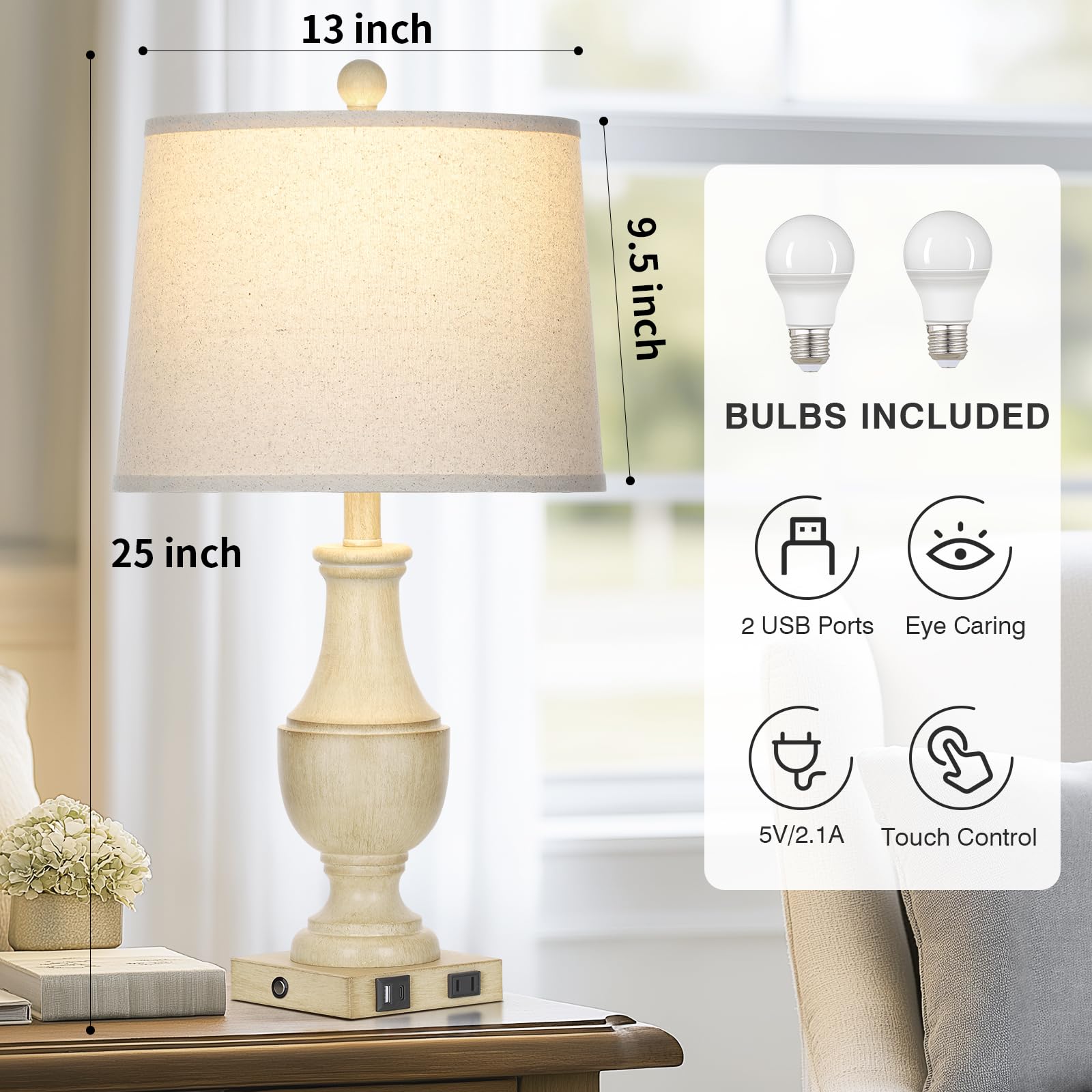 Rinweey Farmhouse Lamps Set Of 2, Vintage Rustic 3-Way Dimmable Touch Control Table Lamp With Usb A+C Charging Ports & Ac Outlet