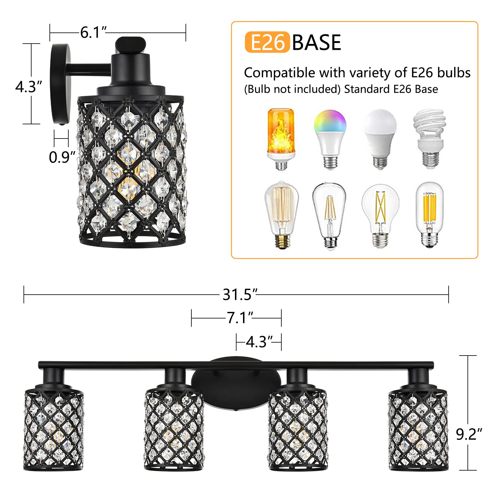 Niloah 4 Light Black Bathroom Light Fixtures, Modern Farmhouse Vanity Light, Bathroom Lights Over Mirror,Crystal Vanity Lighting Fixtures For Bathroom,Powder Room