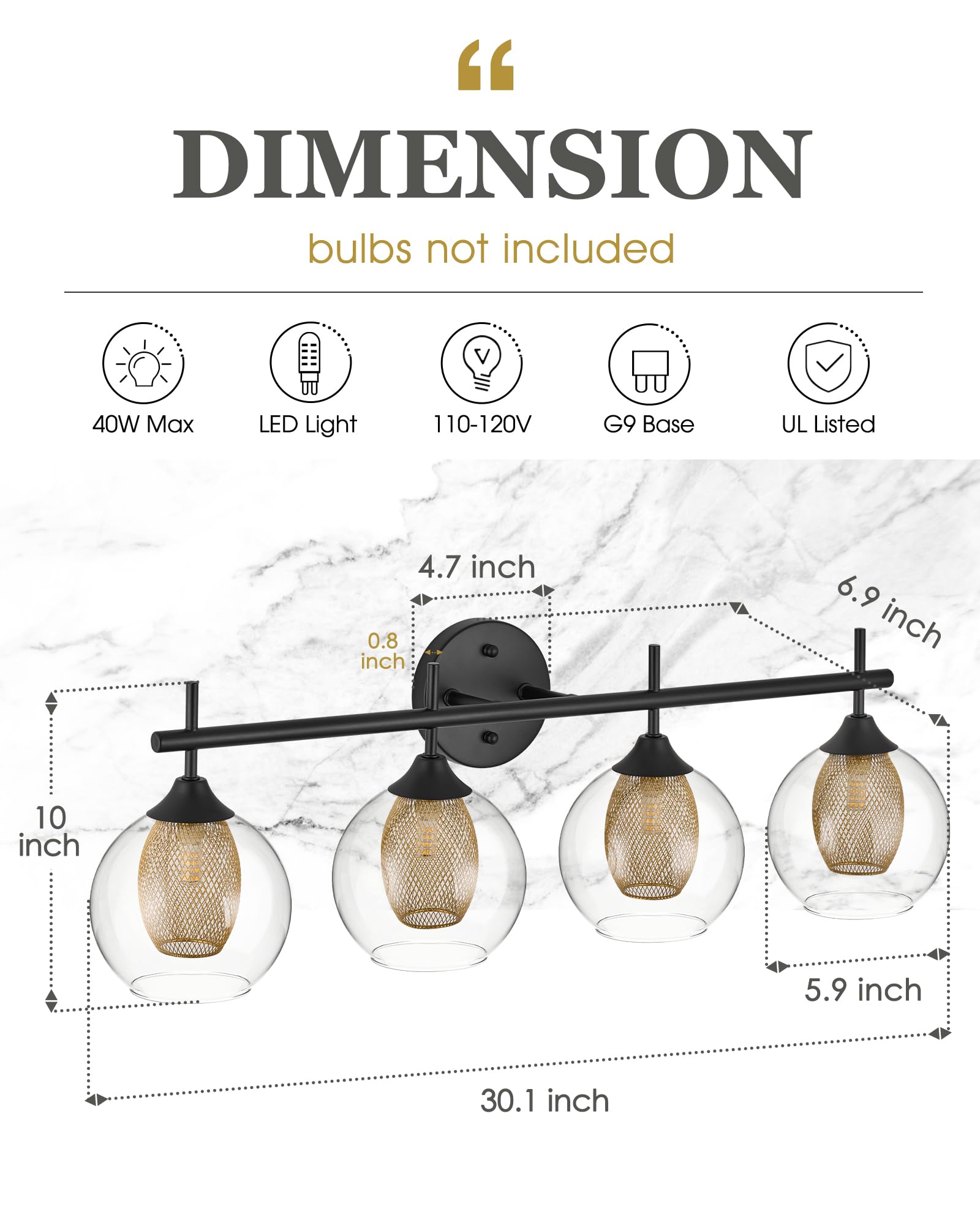 Audickic Bathroom Light Fixtures, 4-Light Black And Gold Vanity Lights Over Mirror, 30Inch Farmhouse Wall Sconce Lighting With C