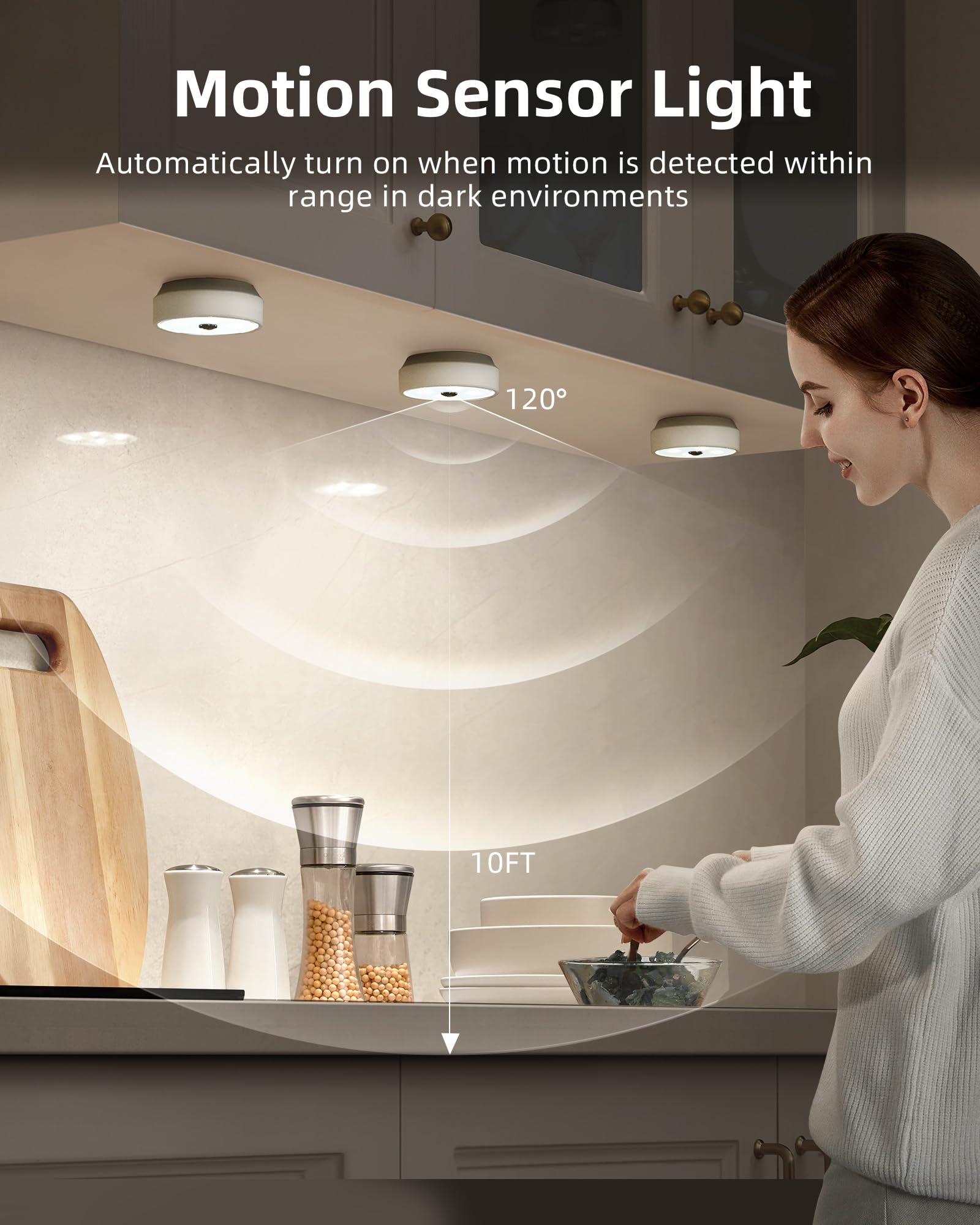 Ezvalo Under Cabinet Lights, 2 Color Temps Motion Sensor Puck Lights, 1200Mah Rechargeable Puck Lights, Group Control Led Closet Lihgts, Dimmable Under Counter Lights For Kitchen, Cabinet (3 Pack)