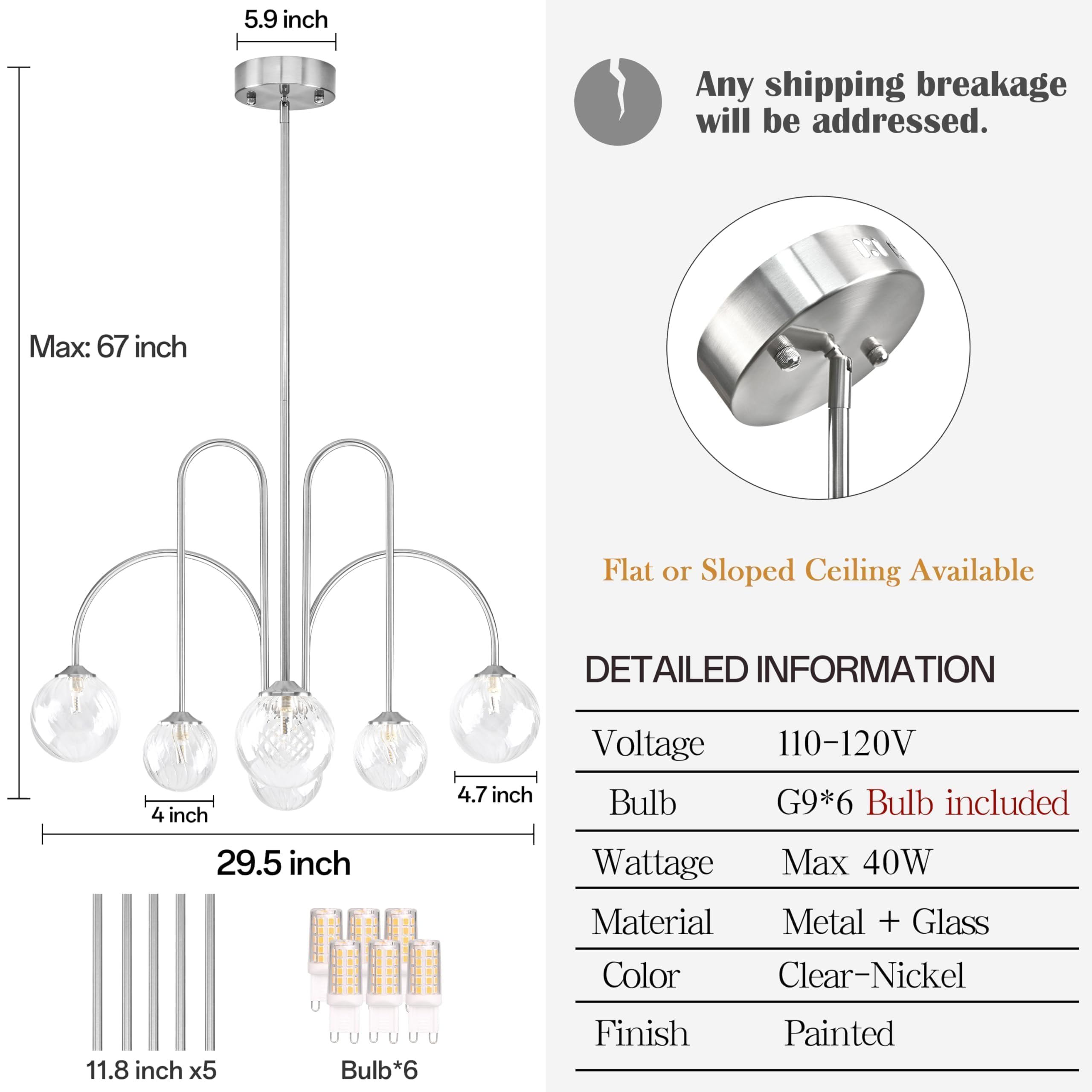Bagood Nickel 6-Light Sputnik Light Fixture 29.5    Globe Modern Sputnik Chandelier Dimmable Chandelier With Clear Globe Glass M