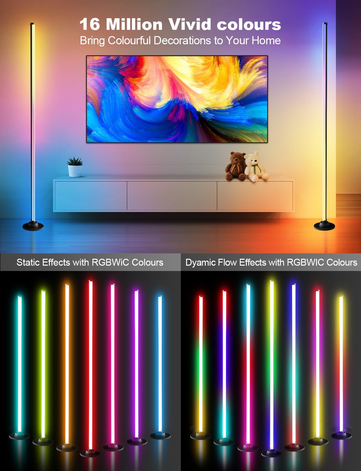 Reifeiniwei RGB Floor Lamp - Smart LED Corner Lamp, 16-Million Colors, Music Sync, App & Remote Control, Metal Black, Model HLXS-110-003