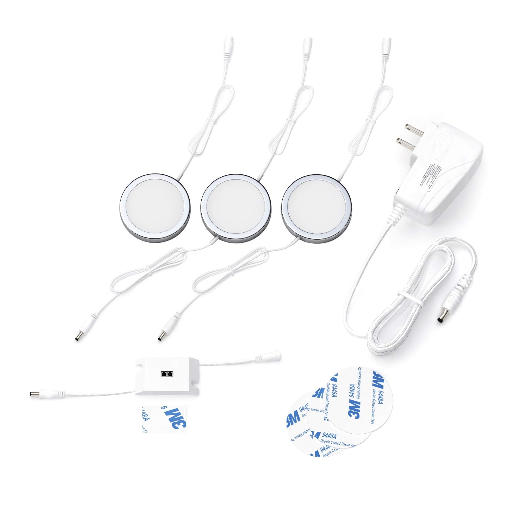 EShine Under Cabinet Puck Lights, LED, Dimmable, 3 Pack, Aluminum, Cool White (6000K), Model ELP603DC