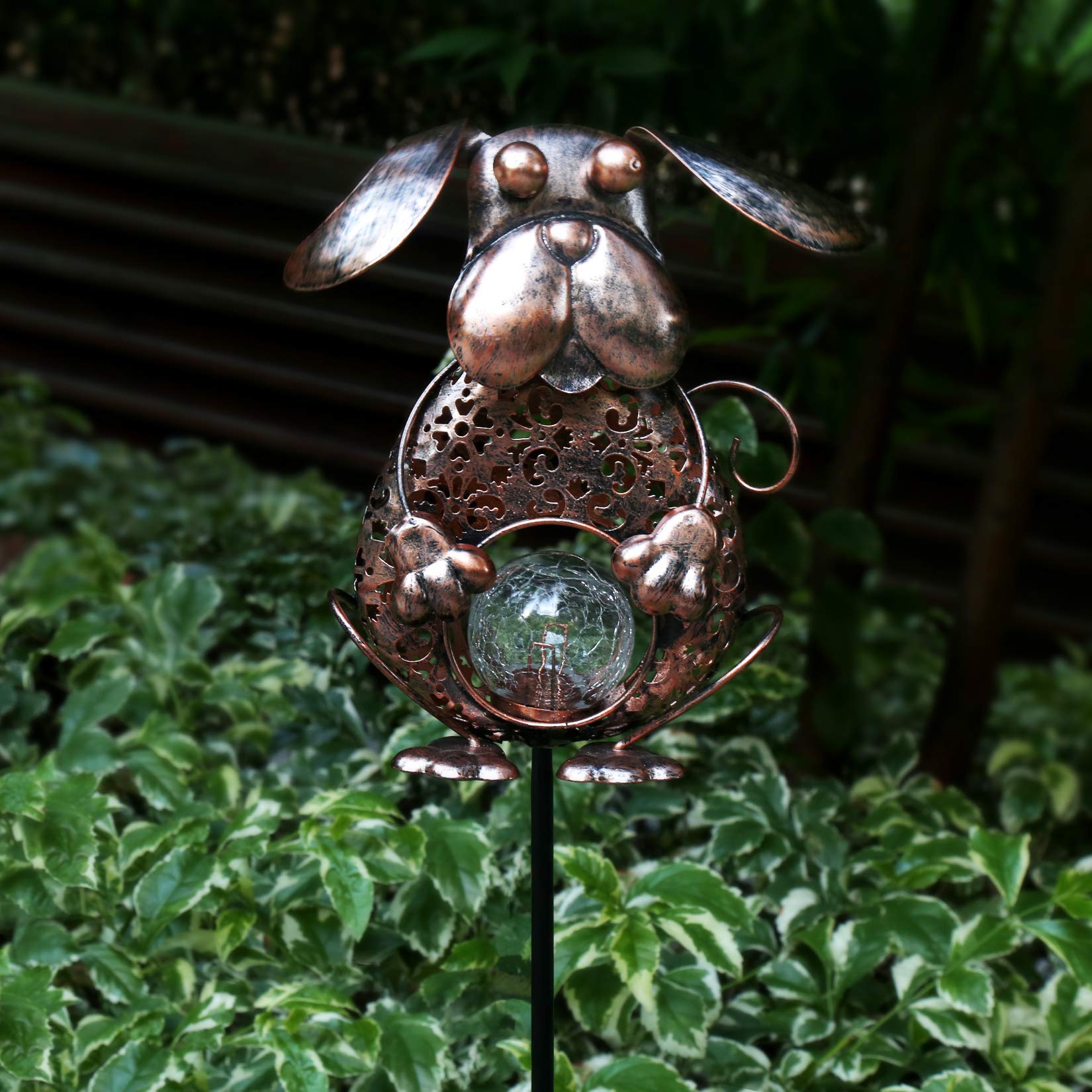 KAIXOXIN Solar Garden Lights, Metal Dog Stake with  le Glass Globe, Waterproof, Warm White LED, Dog-Bronze Color
