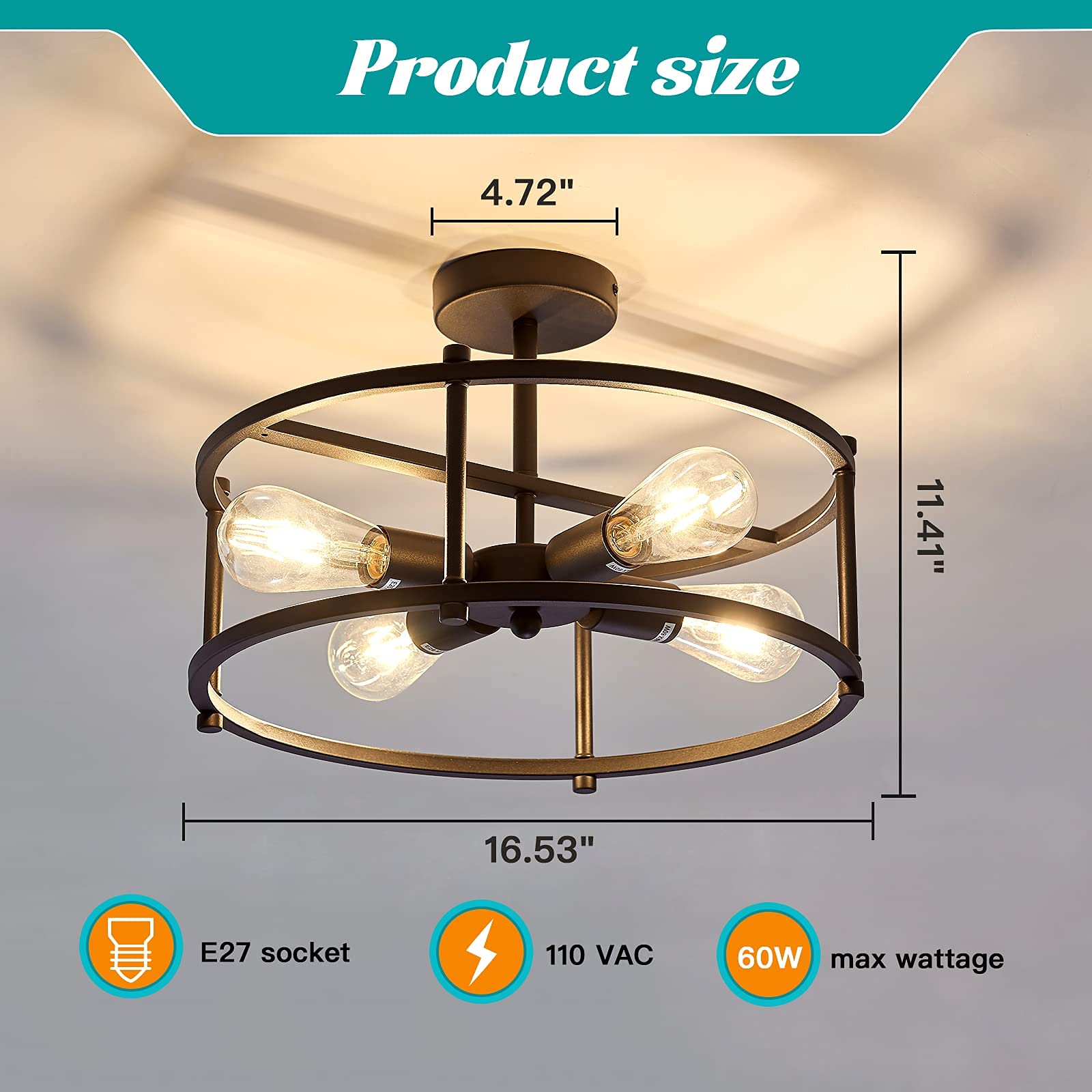 Hesoge Industrial Semi Flush Mount Ceiling Light,4 Light Rustic Metal Ceiling Light Fixture,Black Farmhouse Chandelier For Kitch