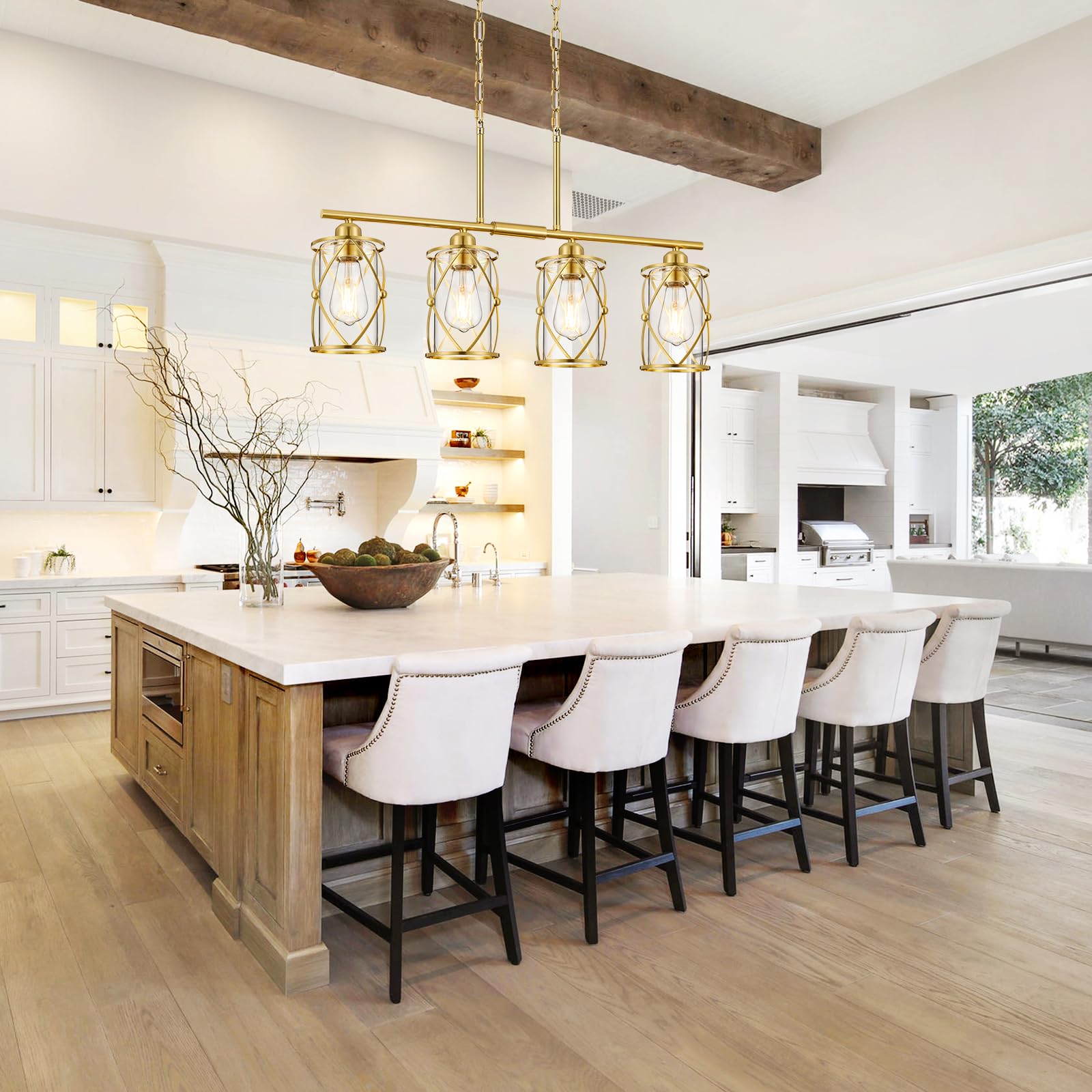 Osimir 4-Light Kitchen Island Lighting, Modern Brushed Gold Dining Room Light Fixtures With Clear Glass, Farmhouse Industrial Li