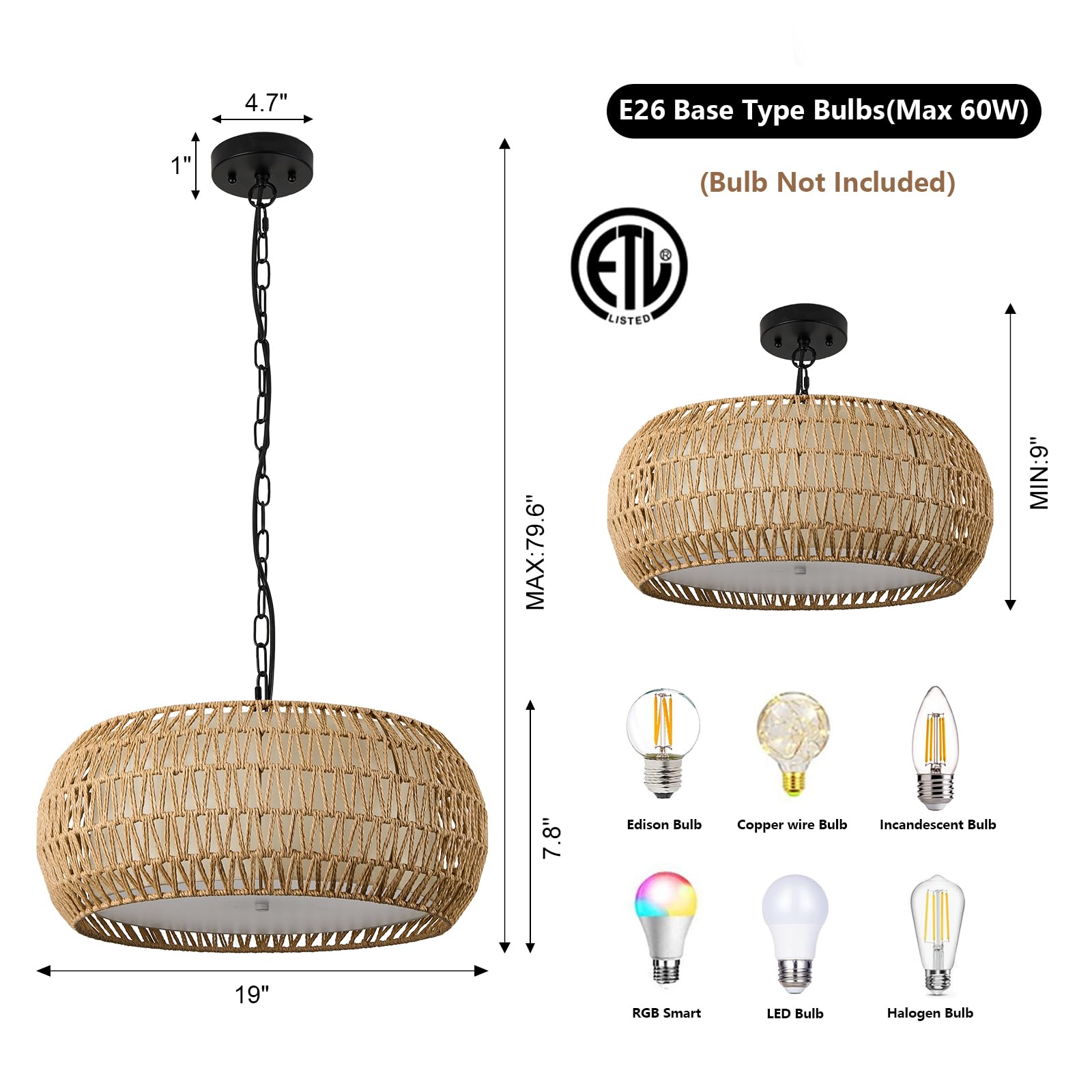 ALAISLYC 19 Inch Boho Chandelier - 5-Light Rattan Hanging Lamp for Dining Room, Large Hemp Rope Fixture, Farmhouse Style