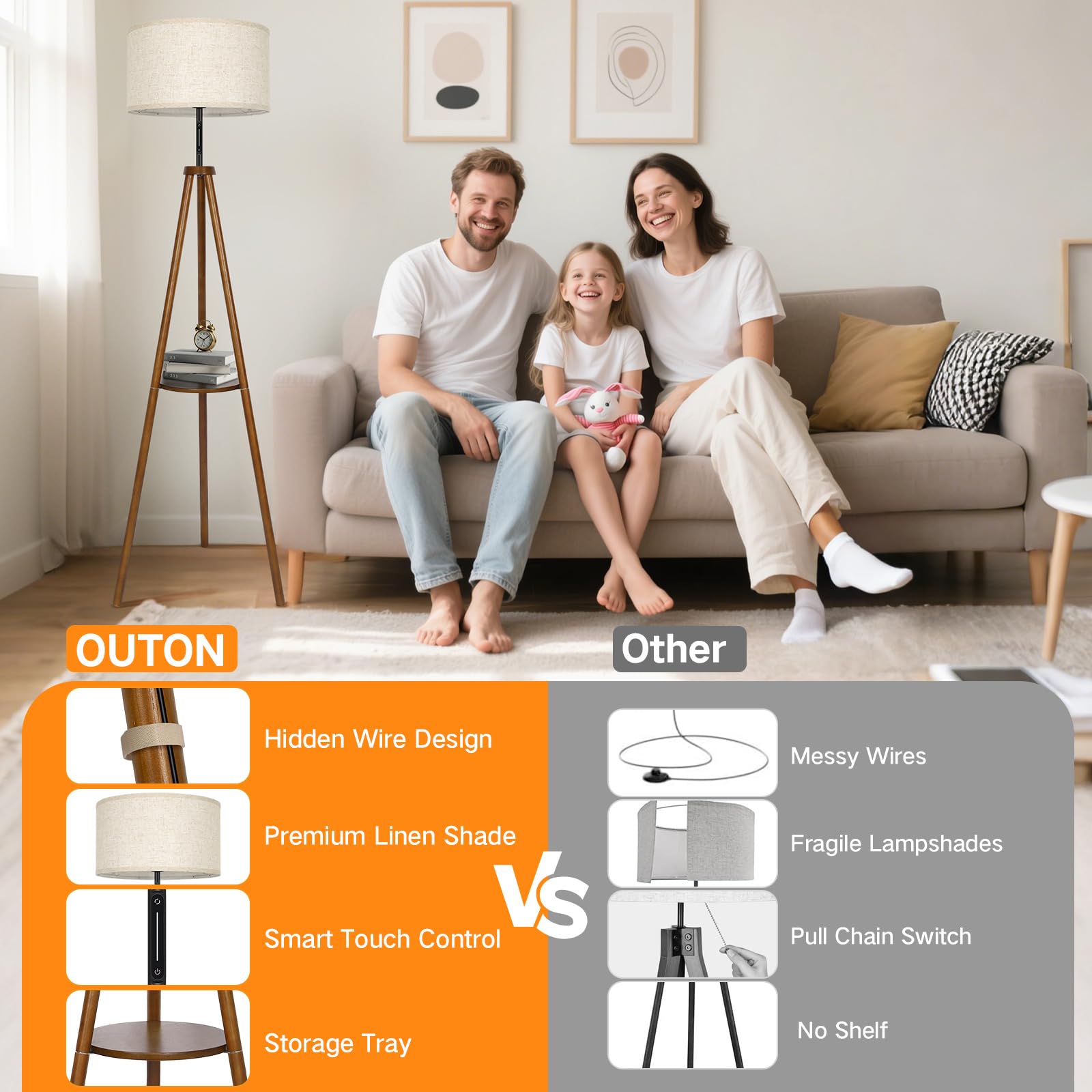 OUTON Wood Tripod Floor Lamp, LED Dimmable with Remote & Touch Control, Walnut Finish