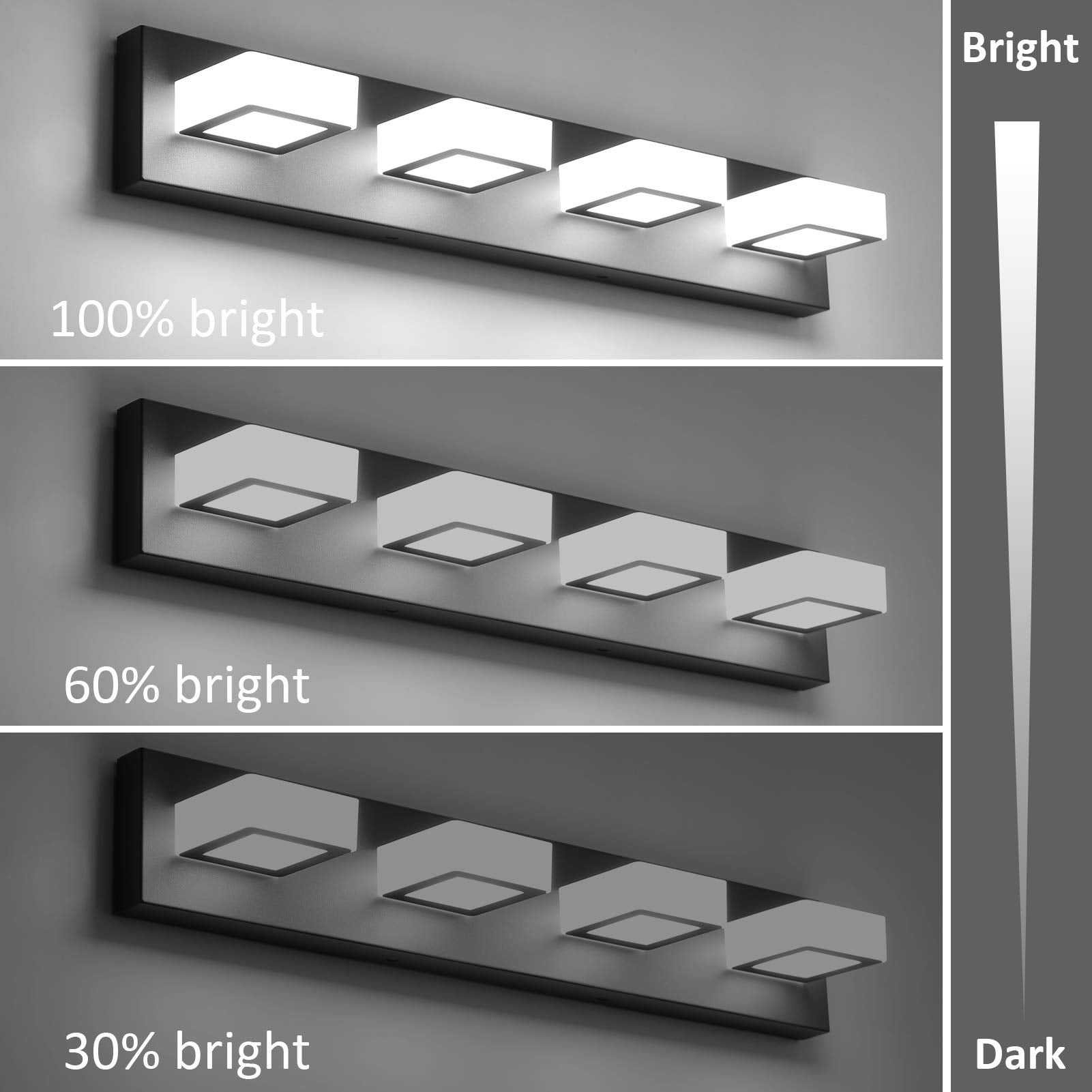 Ralbay Black Vanity Light 4-Light Dimmable LED Stainless Steel Acrylic 360° Rotatable D-8590-4T