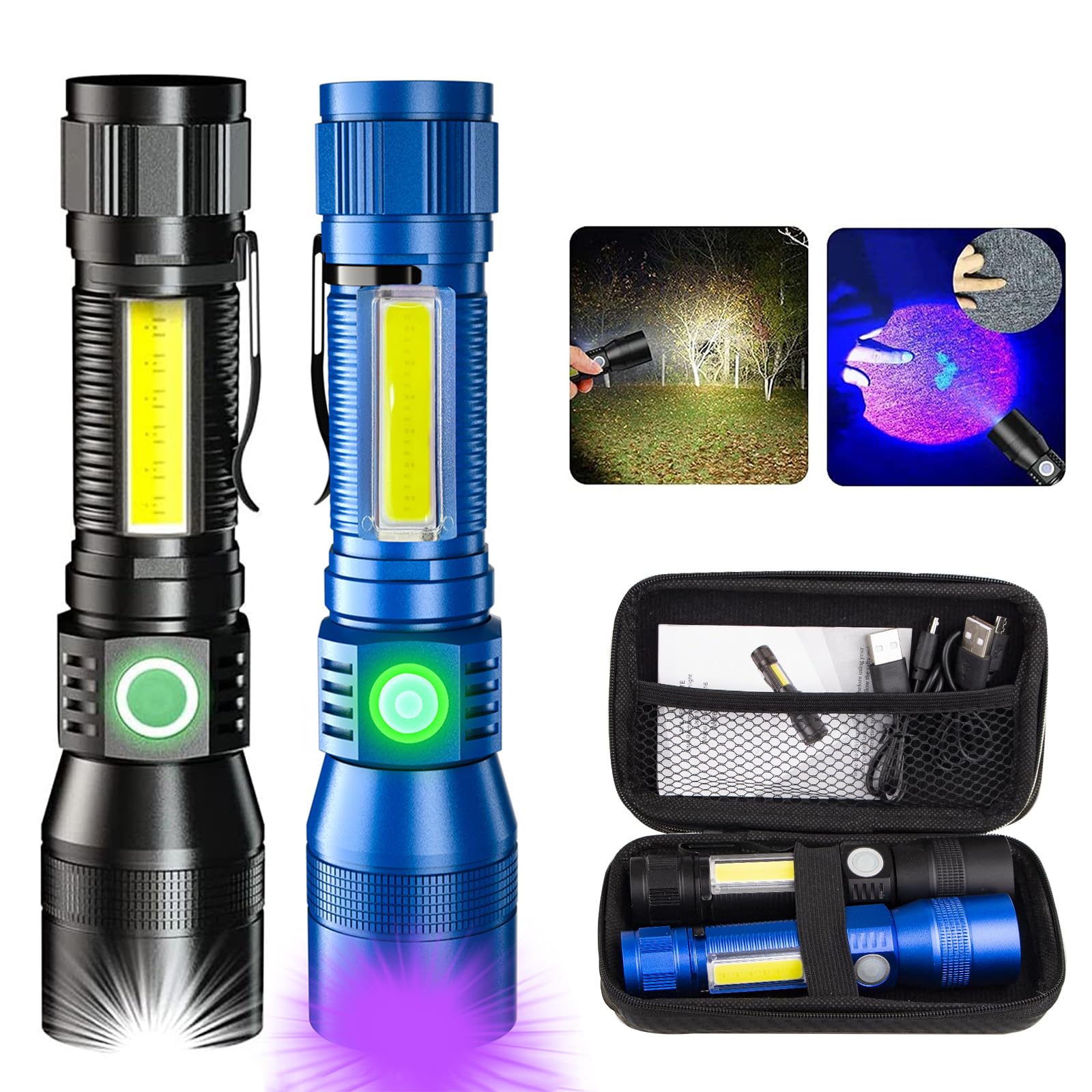 Blacklight Flashlights, 3 in-1 UV Flashlight 1000 Lumens Rechargeable, 2Pack Magnetic Flashlight with COB LED Work Light, 7 Mode