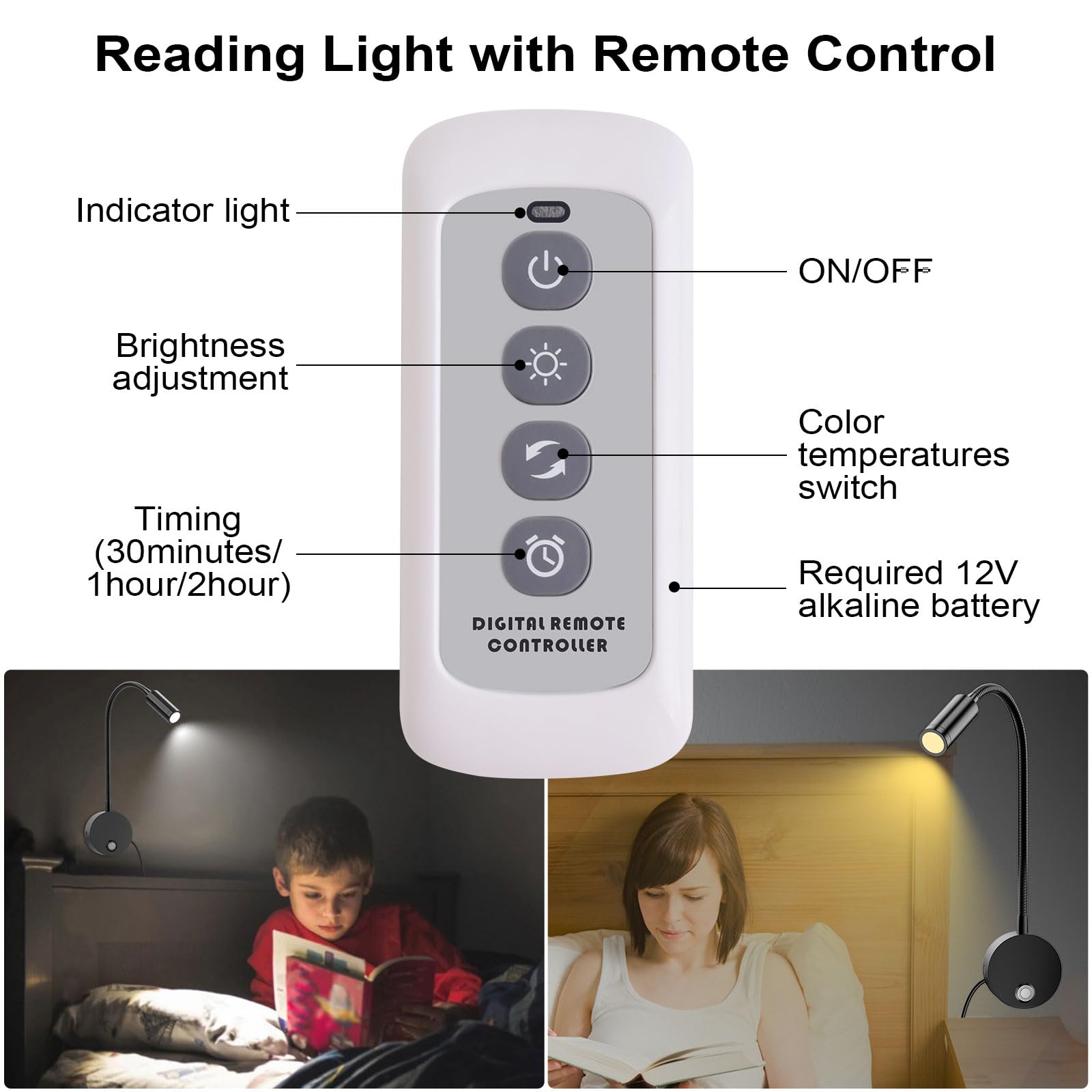 ERAY Wall Mounted LED Reading Light, Dimmable, Remote Control, USB Charging, 15in Gooseneck, Black, 1 Pack, Model PY-HB605U-RF