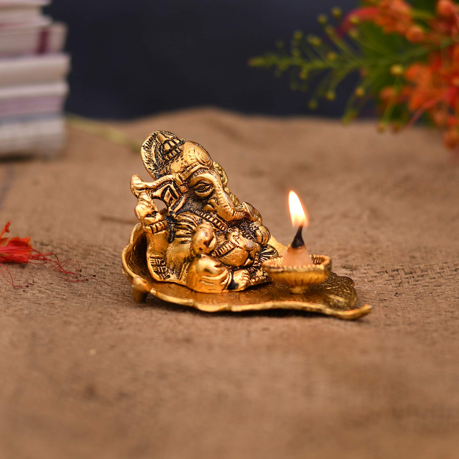 Collectible India Return Gift Ganesh Idol on Leaf - Lord Ganesha with Diya - Metal Diya for Diwali Decoration Items Home Decorat