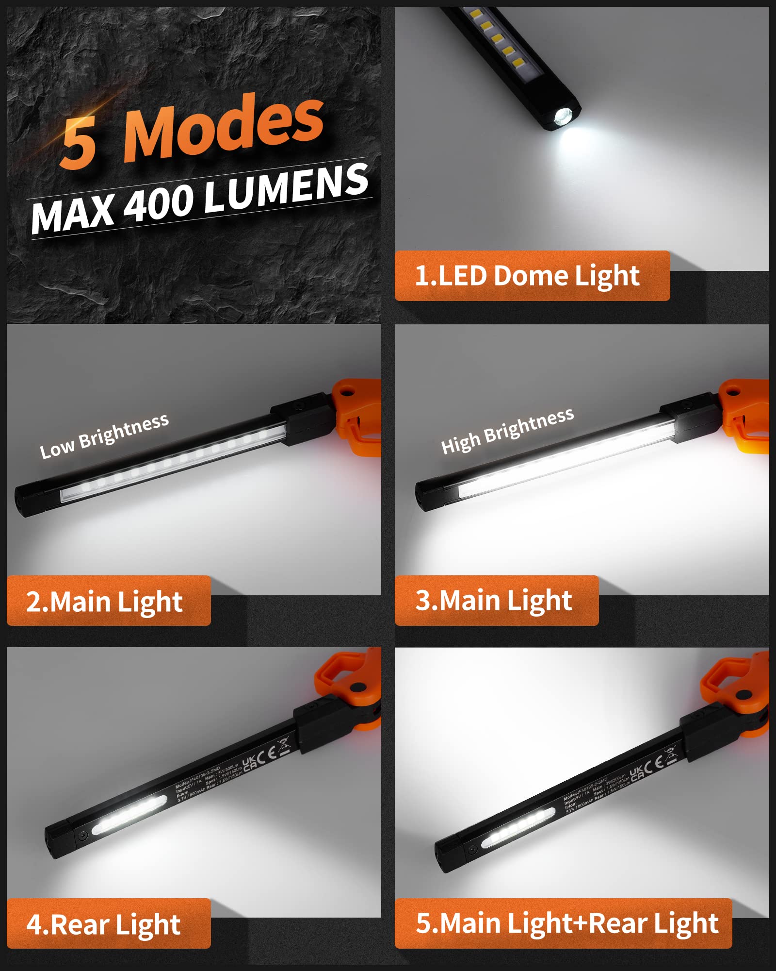 Anylight Rechargeable Work Light, 400Lm Mechanic Work Light, Magnetic Flashlight With 230° Rotate And Hook Led Work Light For Car Repairing, Emergency, Grill, Outdoor Work (1 Pack)