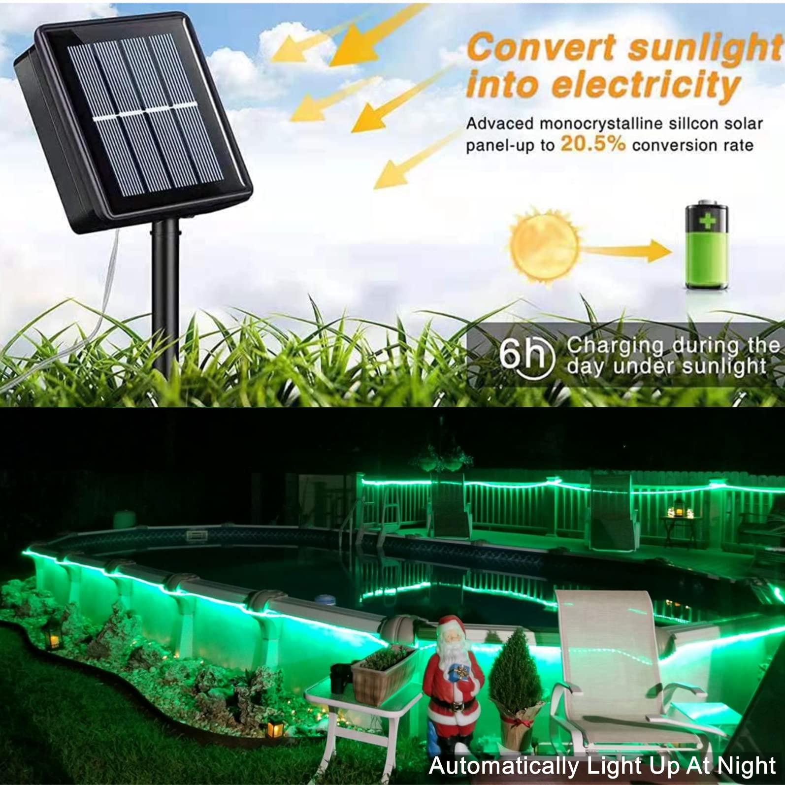 Qitong 33Ft Green Solar Rope Lights, 100 Led Waterproof Twinkle Fairy Lights For Outdoor Use