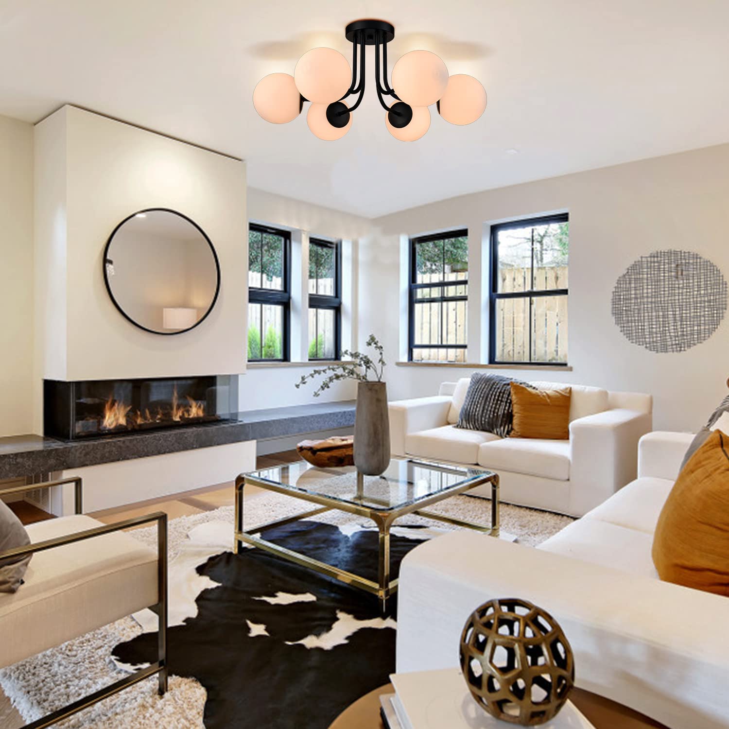 Shawnkey 6-Light Black Metal Semi Flush Mount Ceiling Light With White Glass Shade