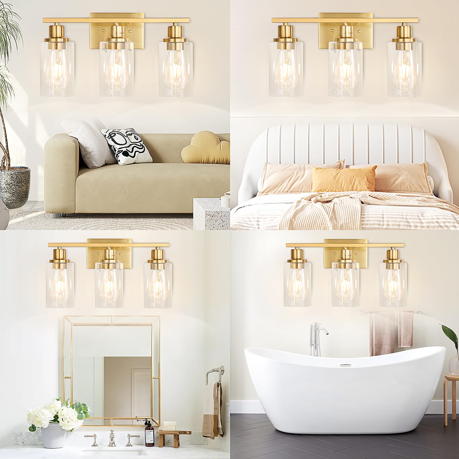 Apenath Gold Bathroom Wall Lights Brushed Brass 3-Light Vanity Light Fixtures Modern Wall Sconces With Clear Glass Shade, Bathro