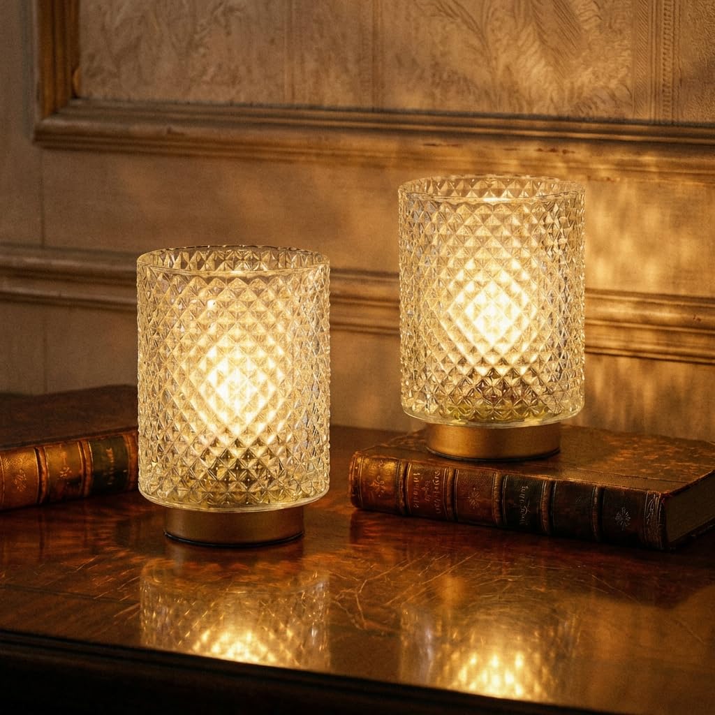 2 Pack Battery Decorative Operated Lamp,Small Accent Table Lamp with Timer for Bedside/shelf,Cordless Glass Ambience Lamp with W