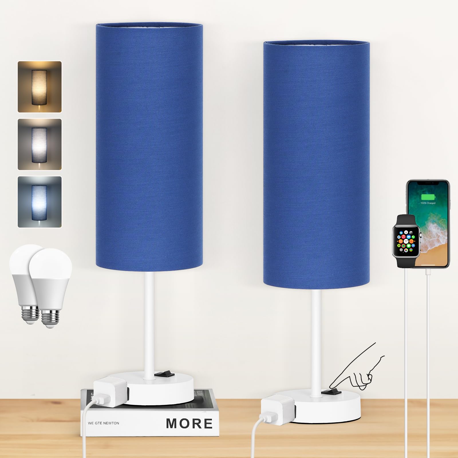 ZJOJO Table Lamp 2 Pack, 18in Bedside Lamps with 3 Way Dimmable Switch, Blue Fabric Shade, White Base, Model RD-PTL6W-038