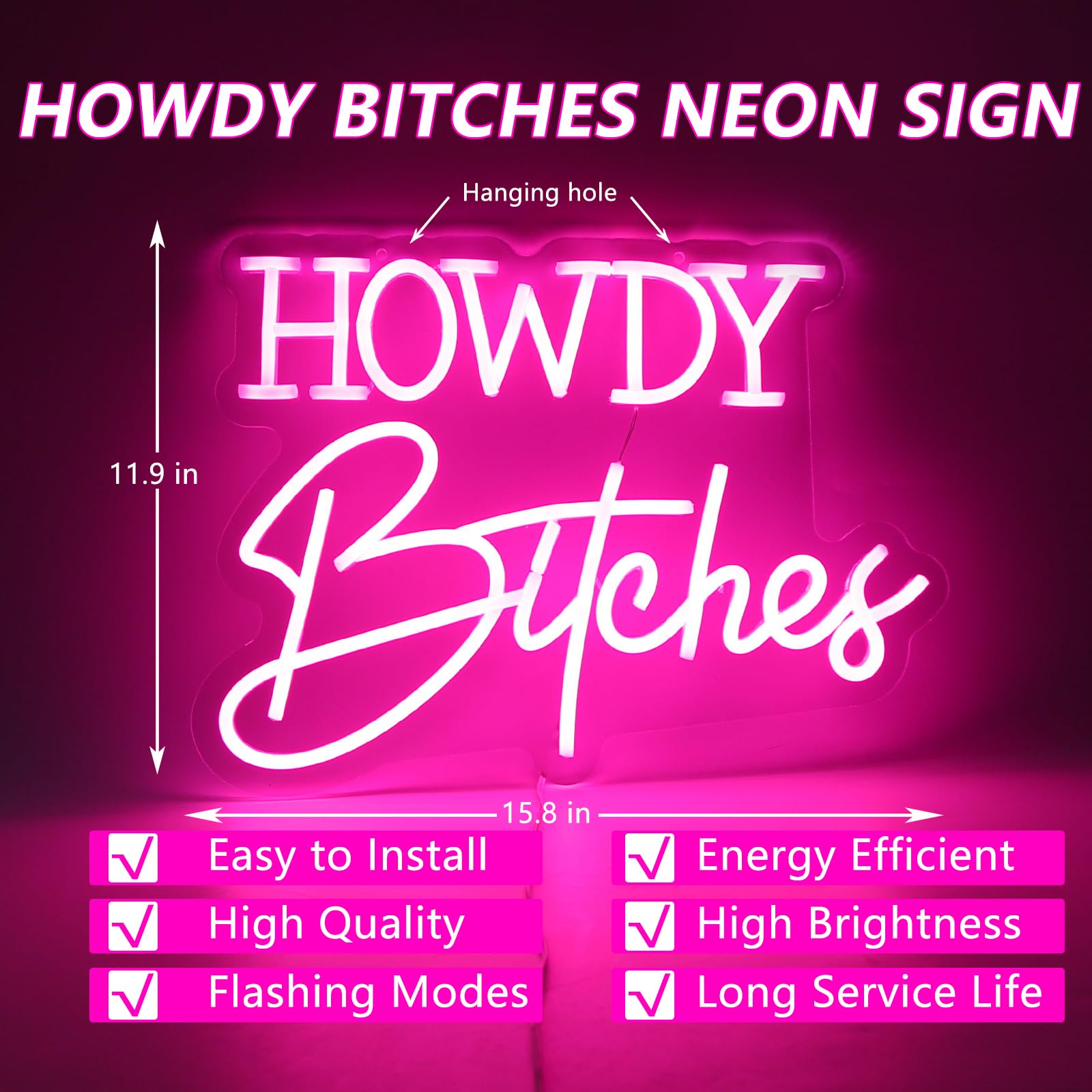 Moodlion Neon Sign for Wall Decor - Howdy LED Light, 15.8x11.5 IN, Pink, Model JMNH00052-HOWDY, Aesthetic Room Decor