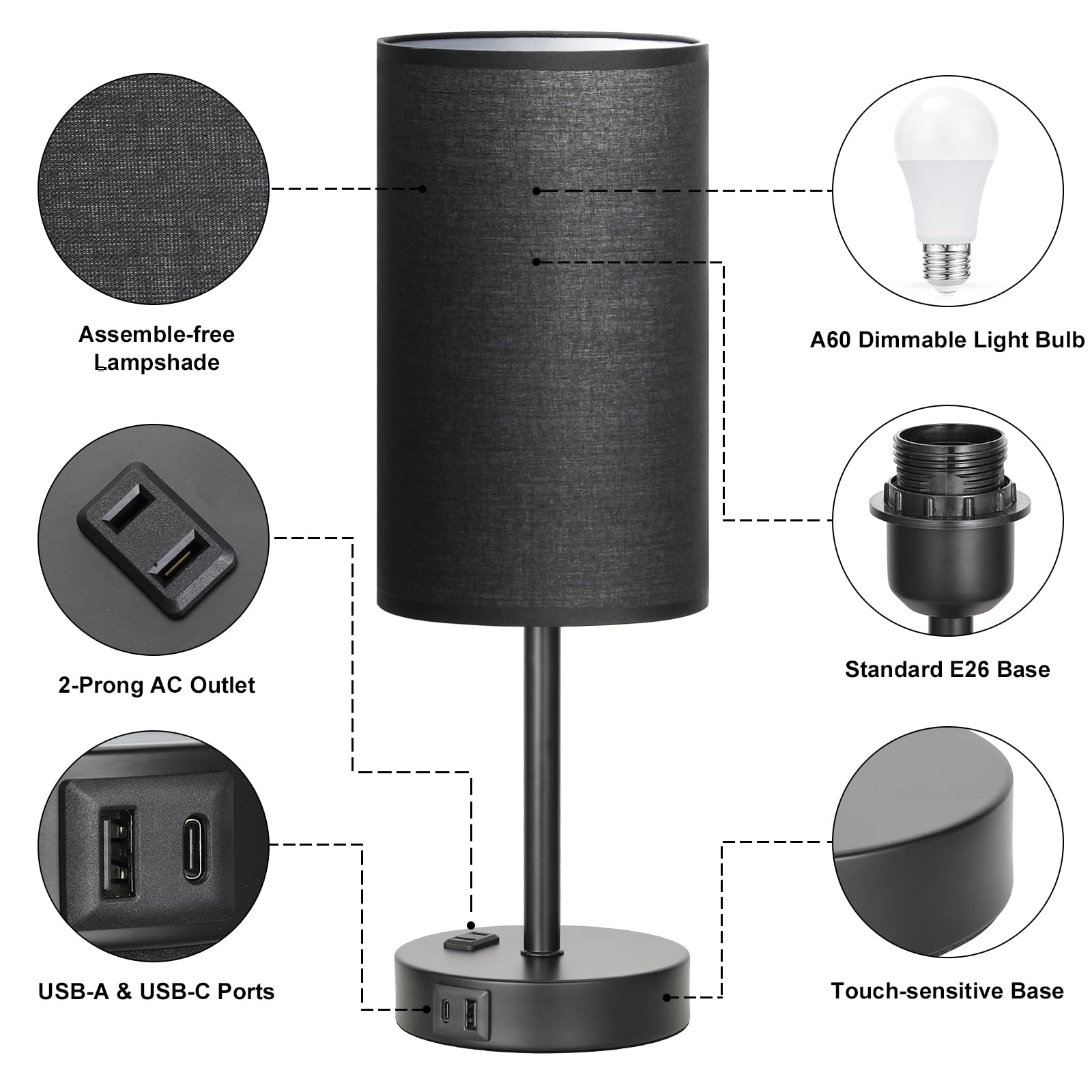 Fenmzee Touch Nightstand Lamp - Black, 3-Way Dimmable, Usb A + C Charging, Ac Outlet, 17.4Inch Medium