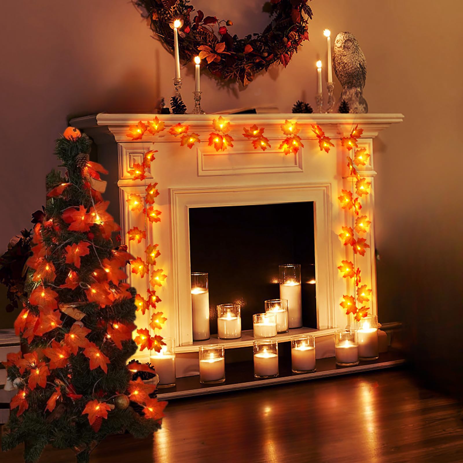 BBPOOL Fall Garland 20Ft 40 LED Lighted Maple Leaf String Lights for Fall Decor Thanksgiving Decoration Halloween Decor (2 Pack)
