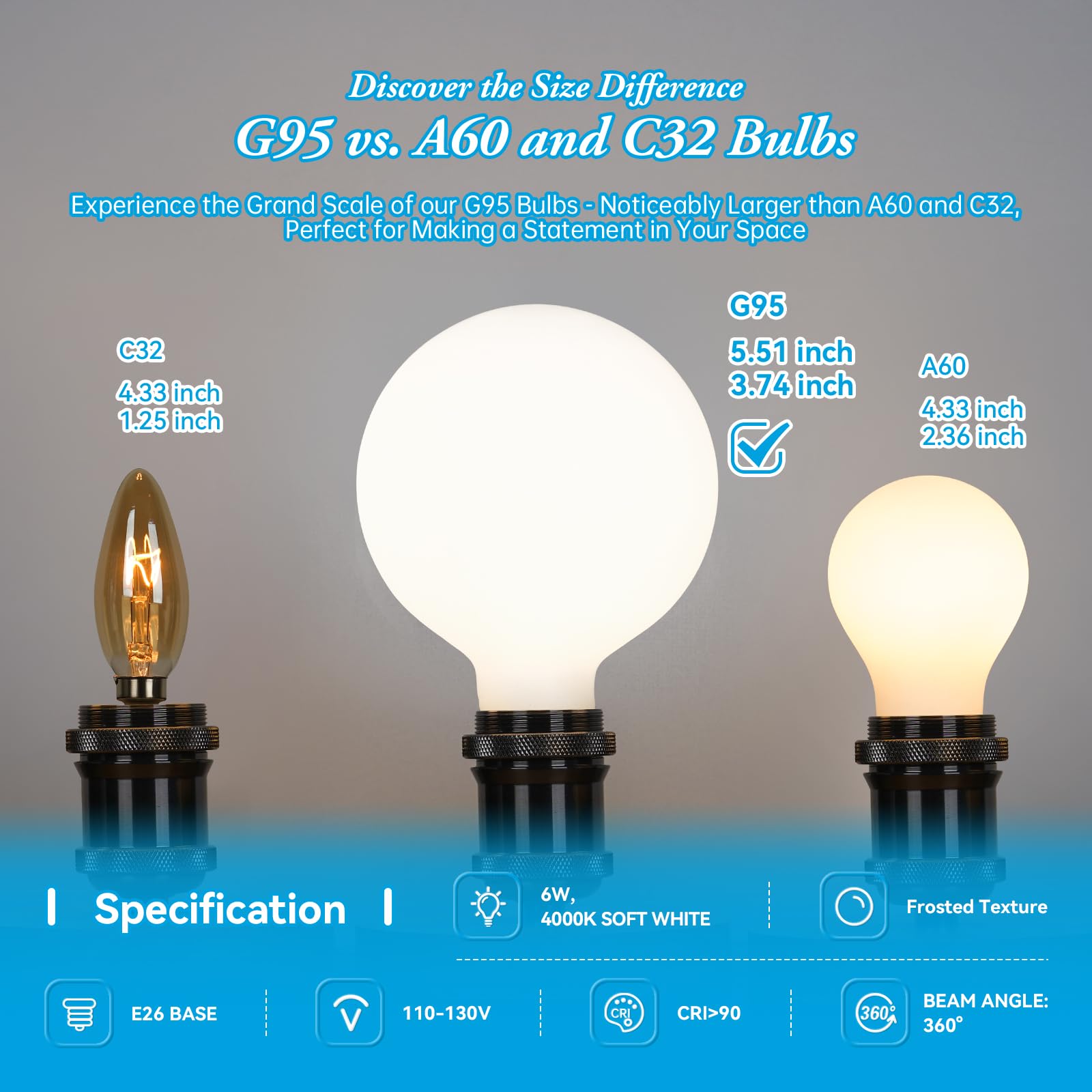 Brighfivey Frosted Globe Large Light Bulbs 60 Watt Equivalent, 6W Dimmable Led Globe Light Bulbs, 4000K Daylight, E26 Standard B