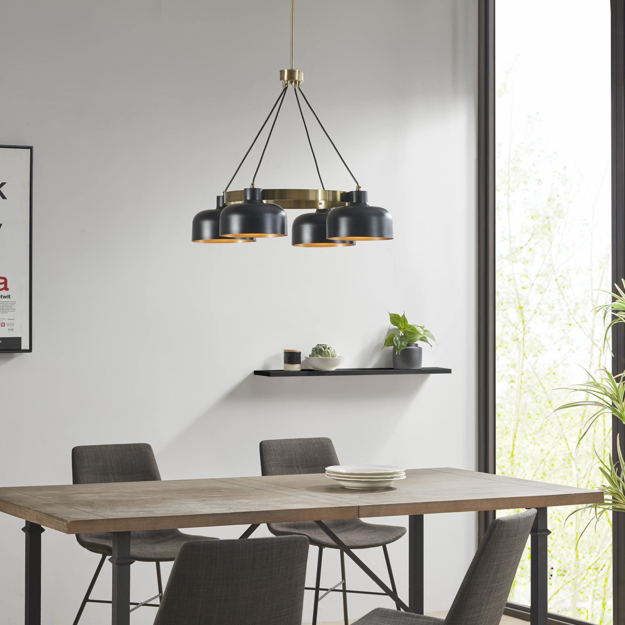 INK+IVY Abbott Chandelier, Adjustable Rod, 4 Bulbs, Iron, 28.5inDia x 26.5inH-50.5inH, Black/Gold, Model