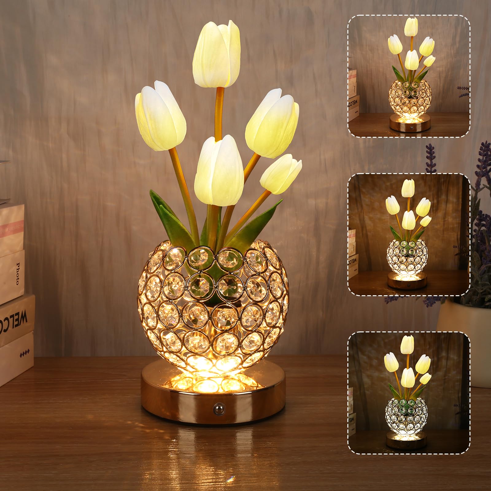 Zqpbled Birthday Gifts For Women/Mom Table Lamp  3 Color Crystal Flower Bedside Lamps Infinitely Dimming With Usb Charge Small Night Light Nightstand Touch Lamp For Bedroom (A-White)