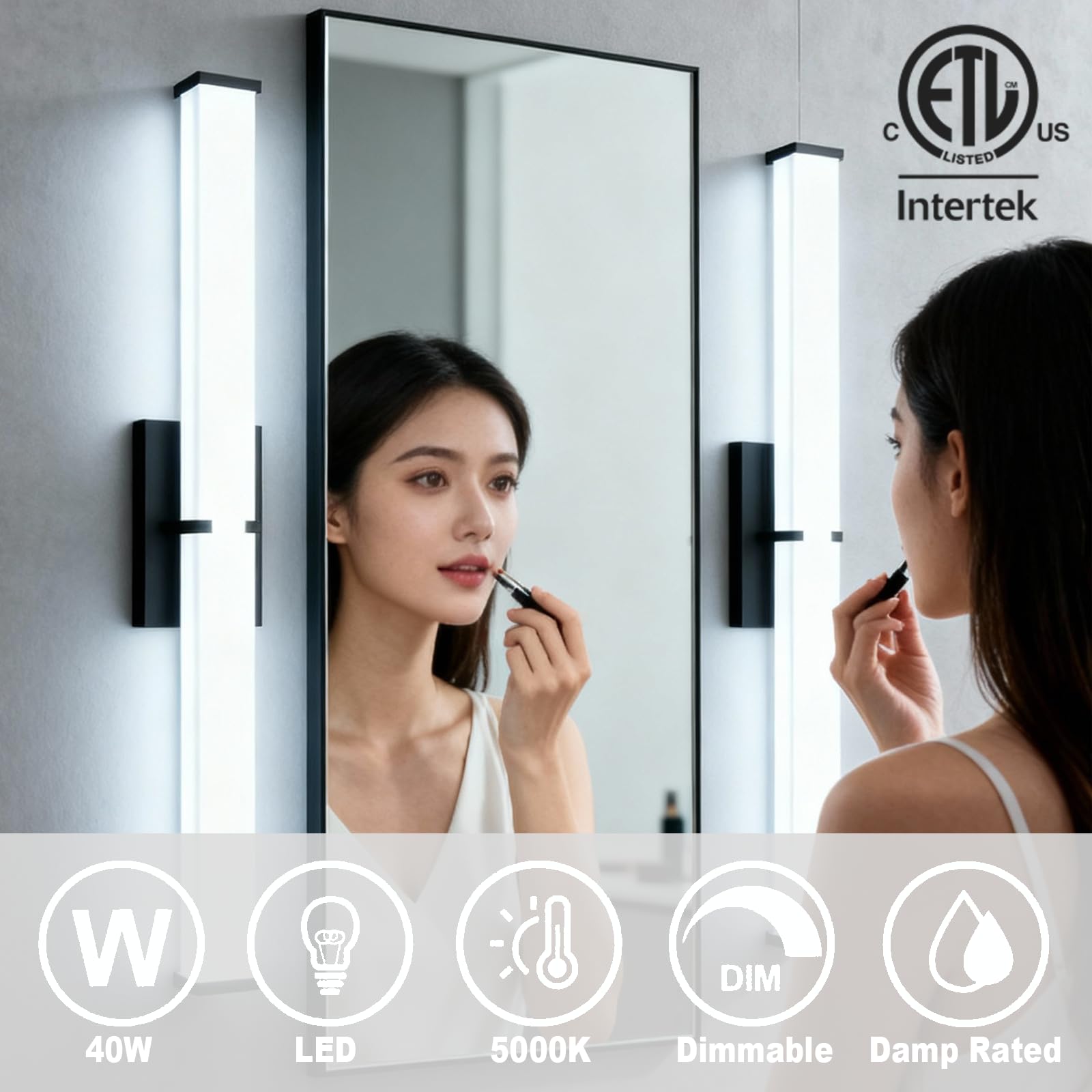 Bathroom Light Fixtures: 39.96 Inch Etl Certified Bathroom Vanity Light 5000K Cool White 40W 3600Lm - Modern Black Led Vanity Light Elegant Clear Shade  Bathroom Lighting Fixtures Over Mirror Dimmable