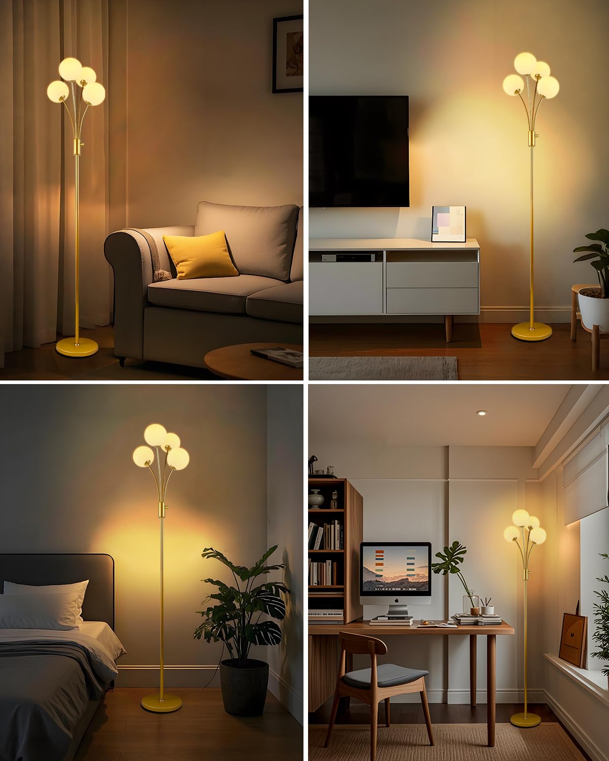 Lightdot 67In Dimmable Globe Floor Lamp 4-Lights Gold Standing Lamps With 4Pcs 3000K G9 Bulbs Soft Warm White Mid Century Modern