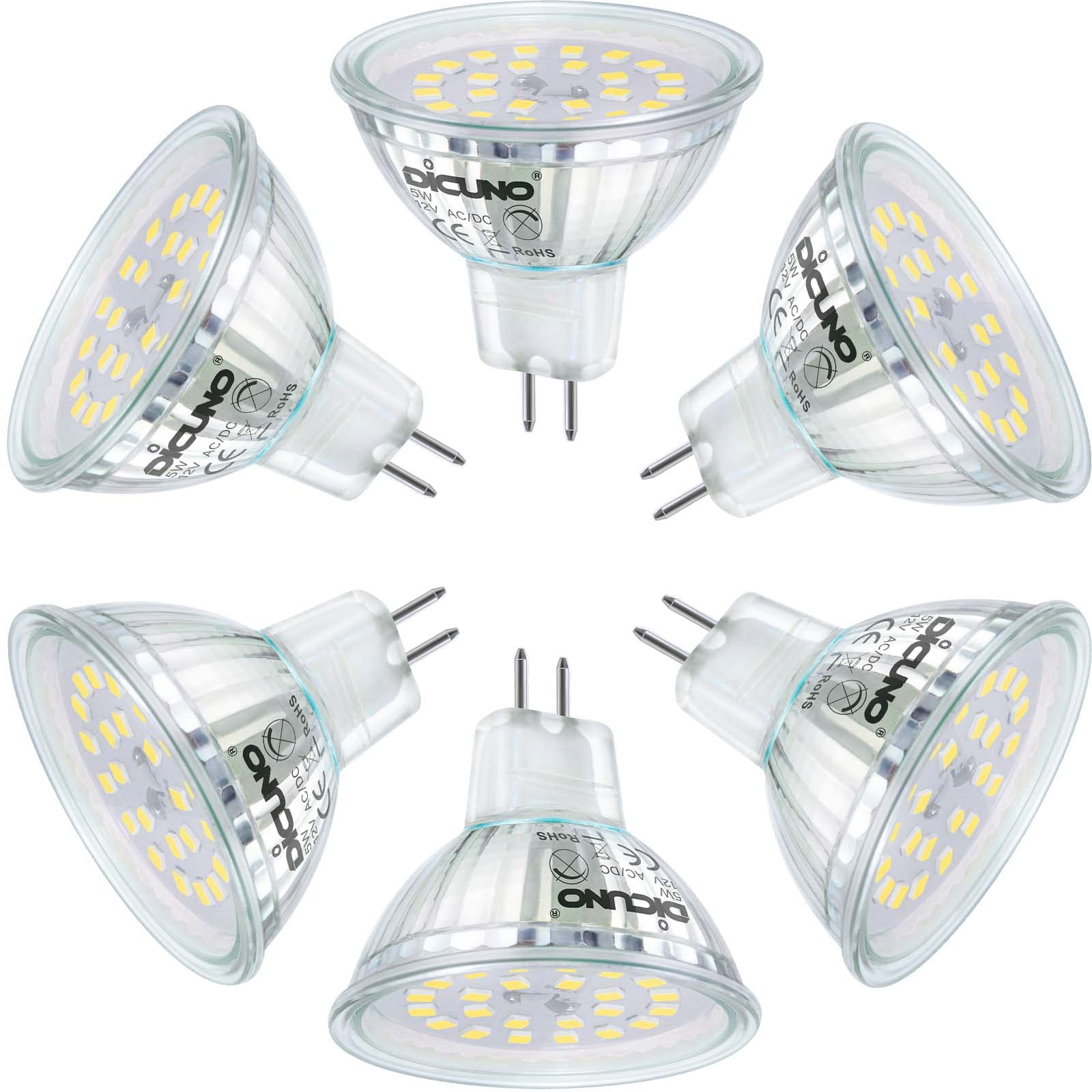 DiCUNO GU5.3 LED Bulb, 12V MR16 Spotlight, 500LM, Daylight White 6000K, 5W, 6 Pack