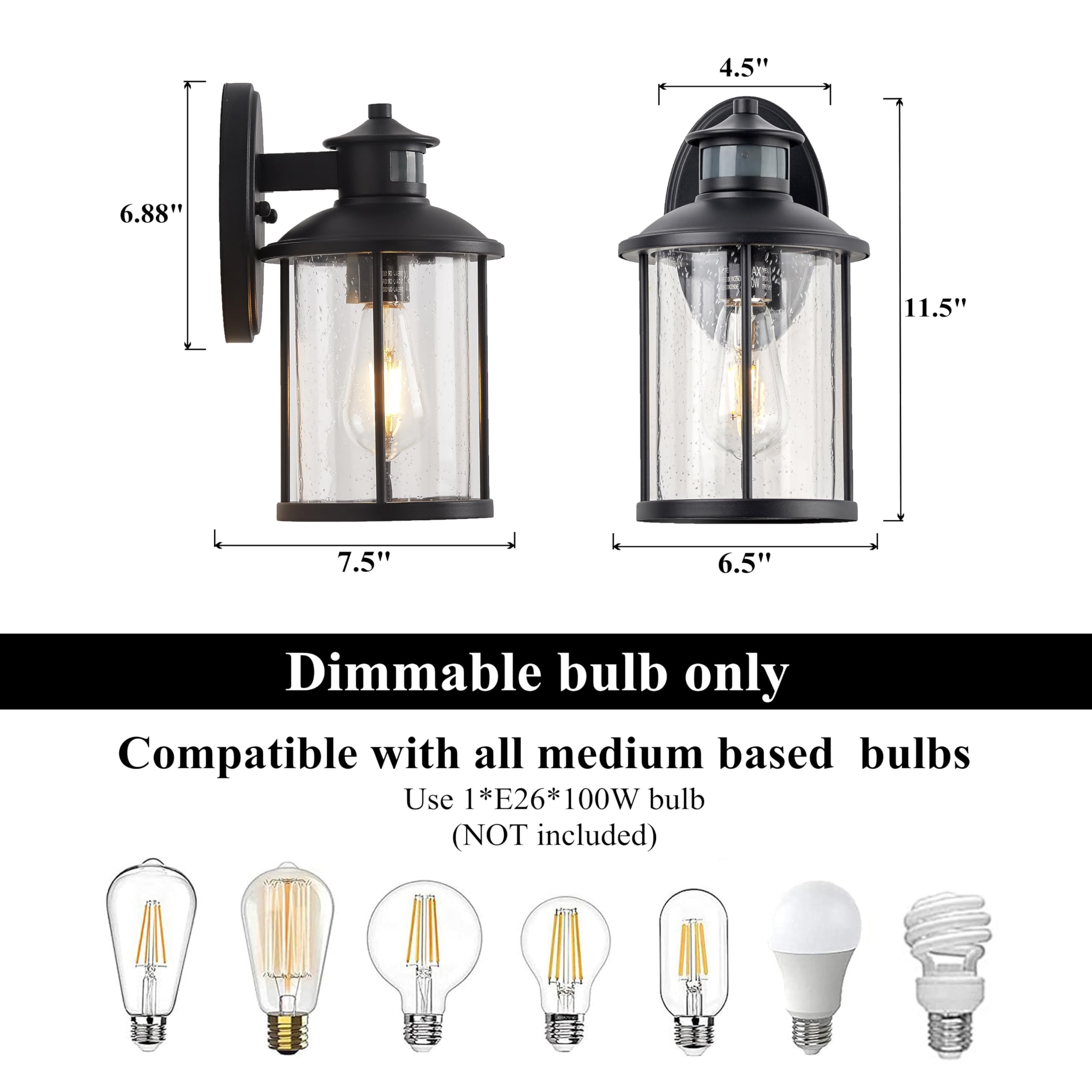 MICSIU Motion Sensor Outdoor Wall Light Fixture, 11.5 Inch, Dusk to Dawn, Matte Black, Clear Seedy Glass, Model 700138