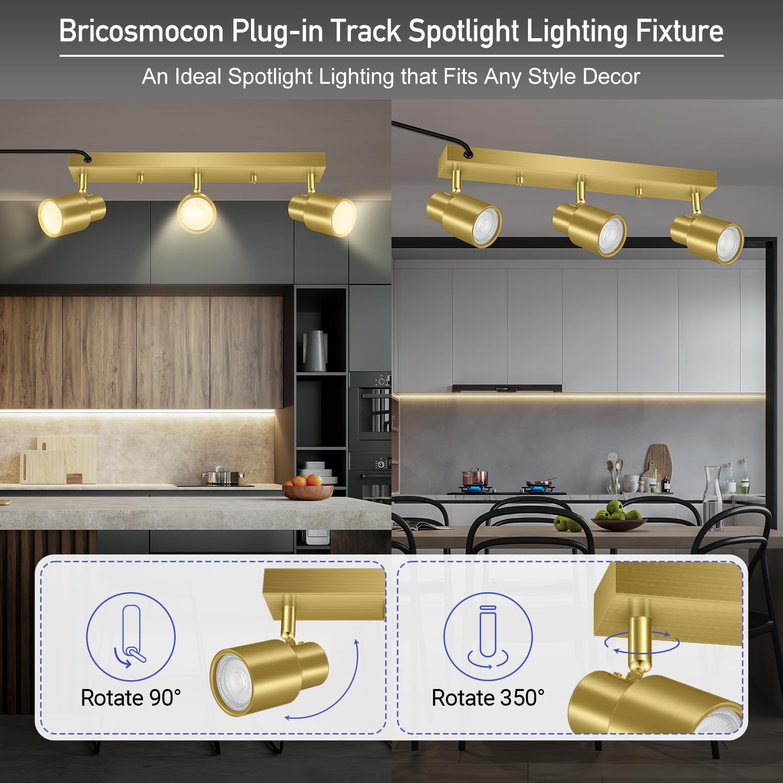 Plug-In Track Lighting Led, Track Light Fixtures Ceiling, Gold 3-Light Track Light For Kitchen, 3 Way Ceiling Spotlight, Rotatable Wall Mount Light Head For Bedroom Hallway, Bulb Not Included