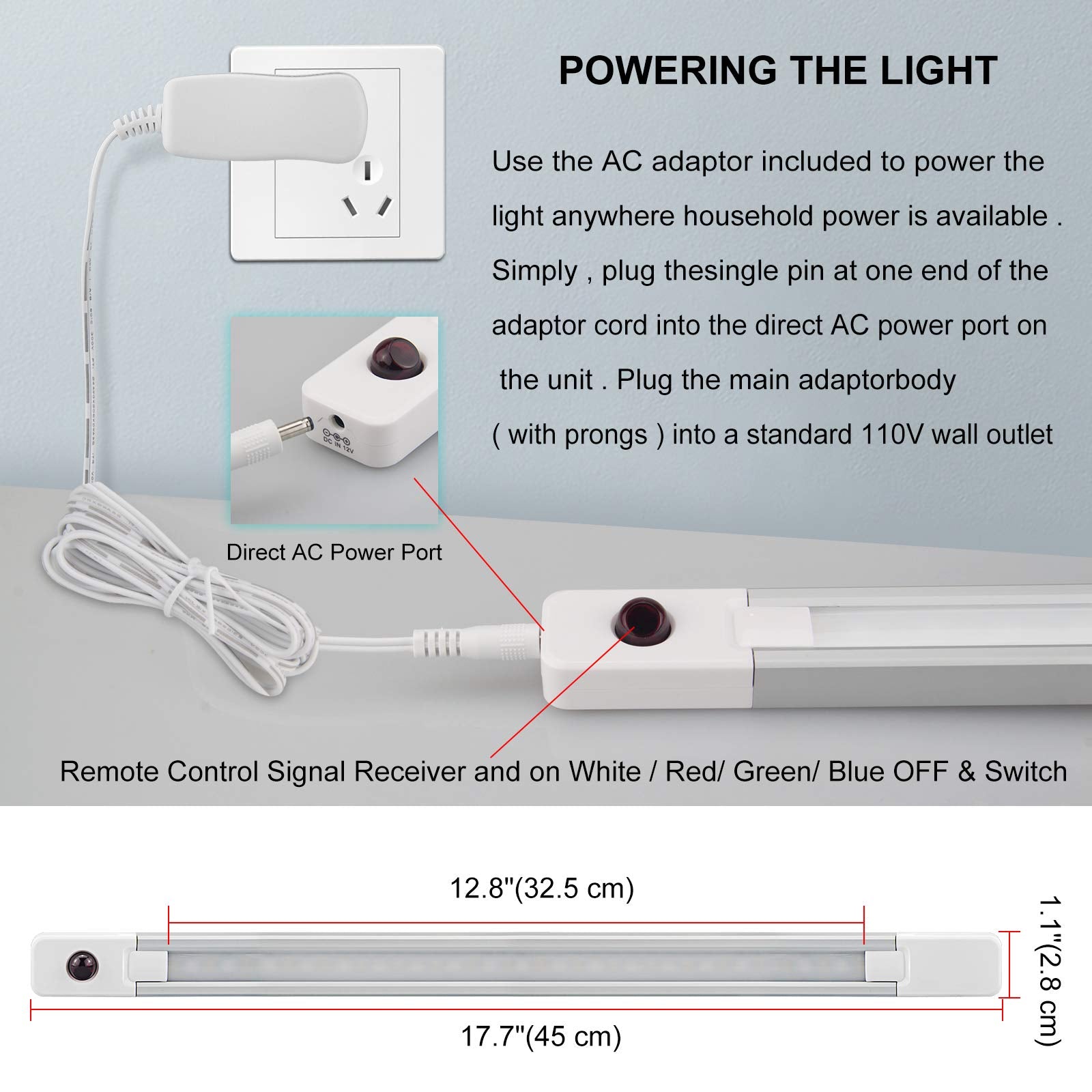 Luxsway Led Rgb Strip Light, 18 Inch Color Changing Under Cabinet Lighting, Remote Control, Plastic, Model Dy103Ir-12C