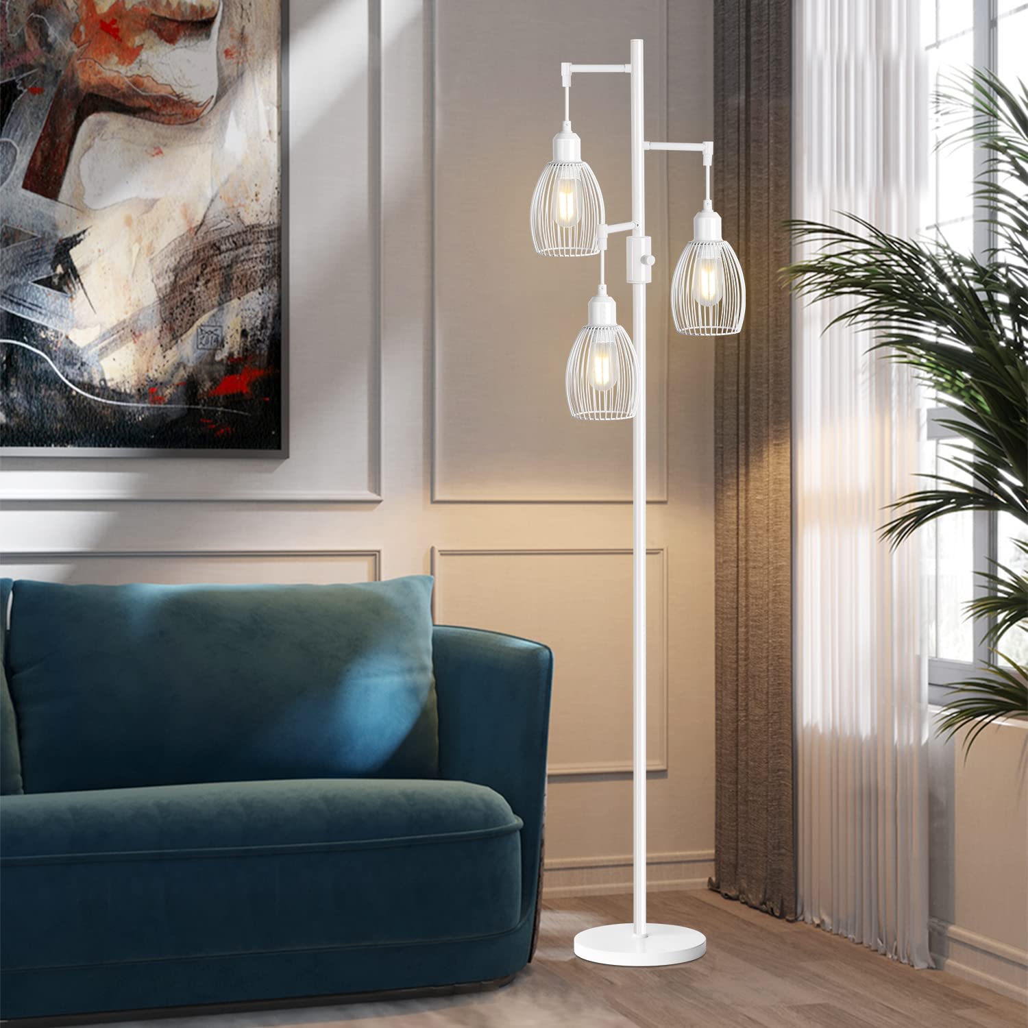 Nintiue Dimmable Floor Lamp with 3 x 800LM LED Edison Bulbs, Metal, White, Model FL1908, Industrial Teardrop Design for Living Room/Bedroom