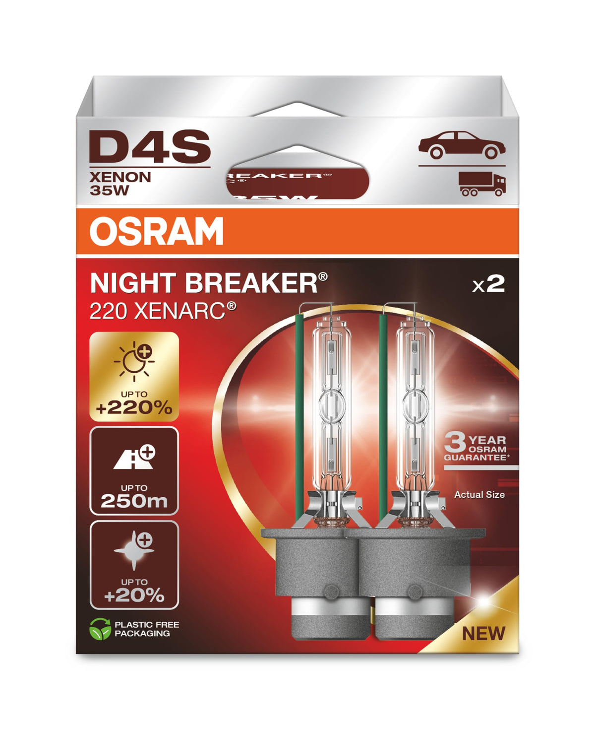Osram Xenarc Night Breaker 220, D4S, +220% More Brightness, Xenon Headlight Bulb, 66440Xn2-2Hb, Folding Box (2 Lamps)