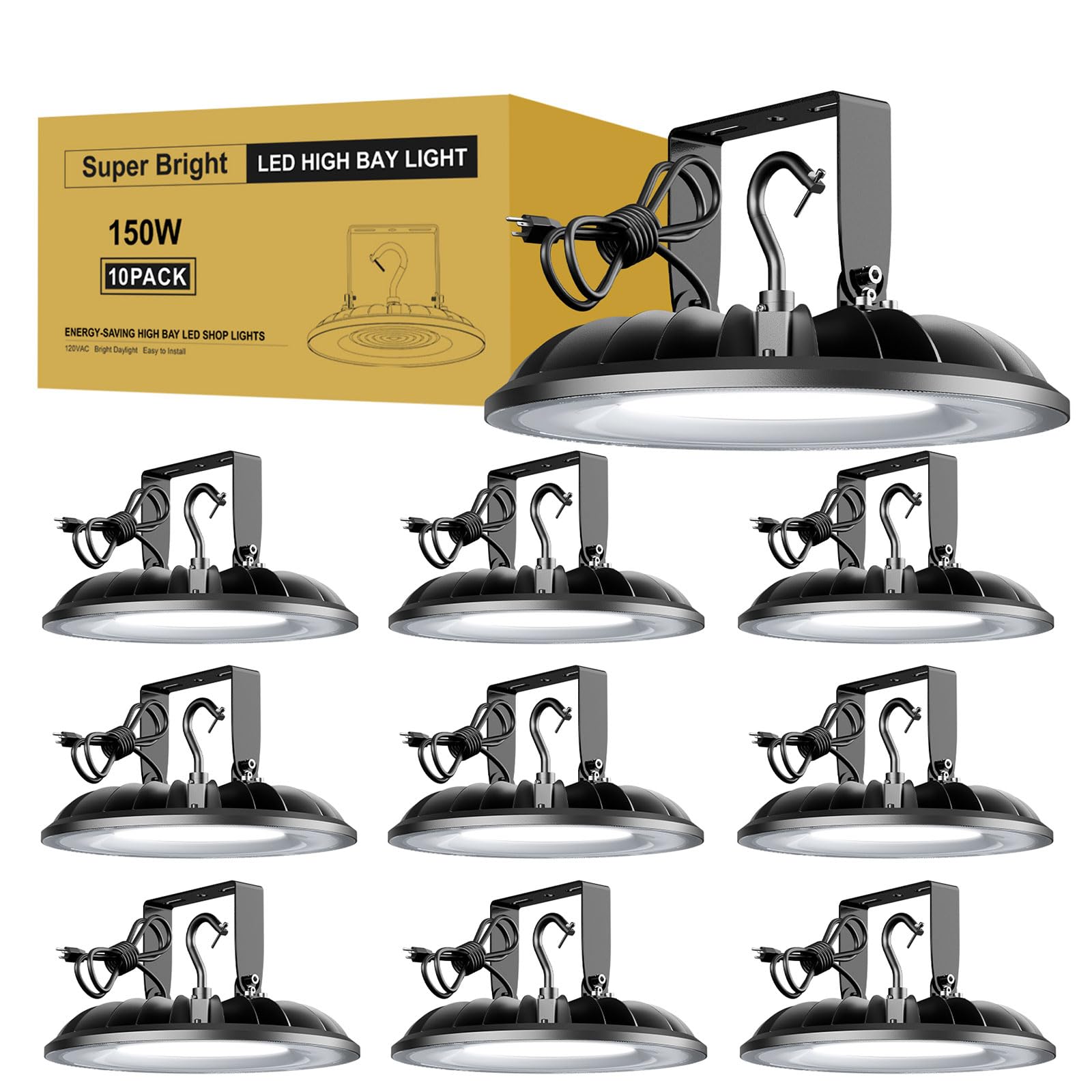 10 Pack UFO LED High Bay Light 150W, 16500Lm 5000K High Bay Shop Lights UL Listed with US Hook and U Bracket Mounting, Waterproo