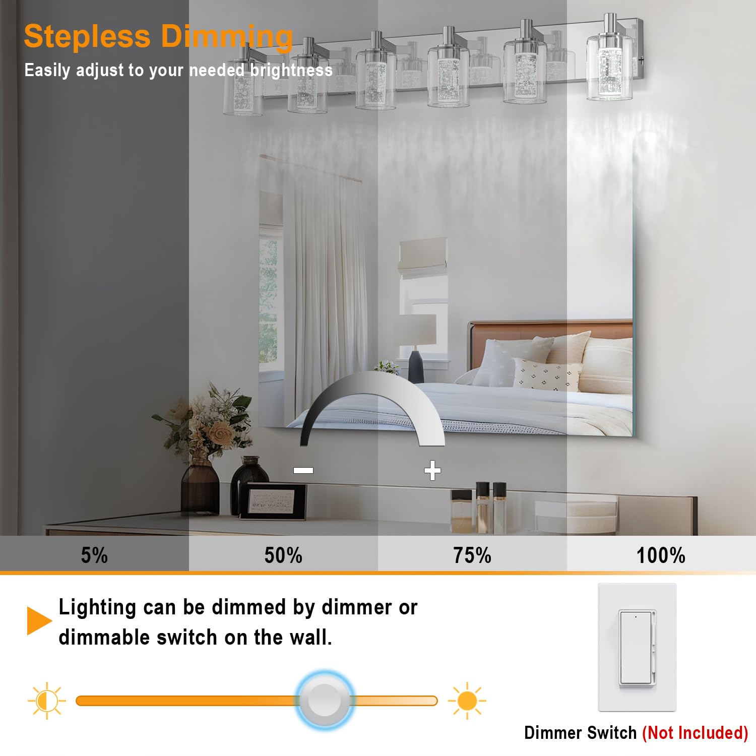 SineRise Vanity Light, Dimmable 6-Light LED Bathroom Fixture, Eye Protection, Chrome, 3 Color Modes (3000K/4000K/6000K), Model S002