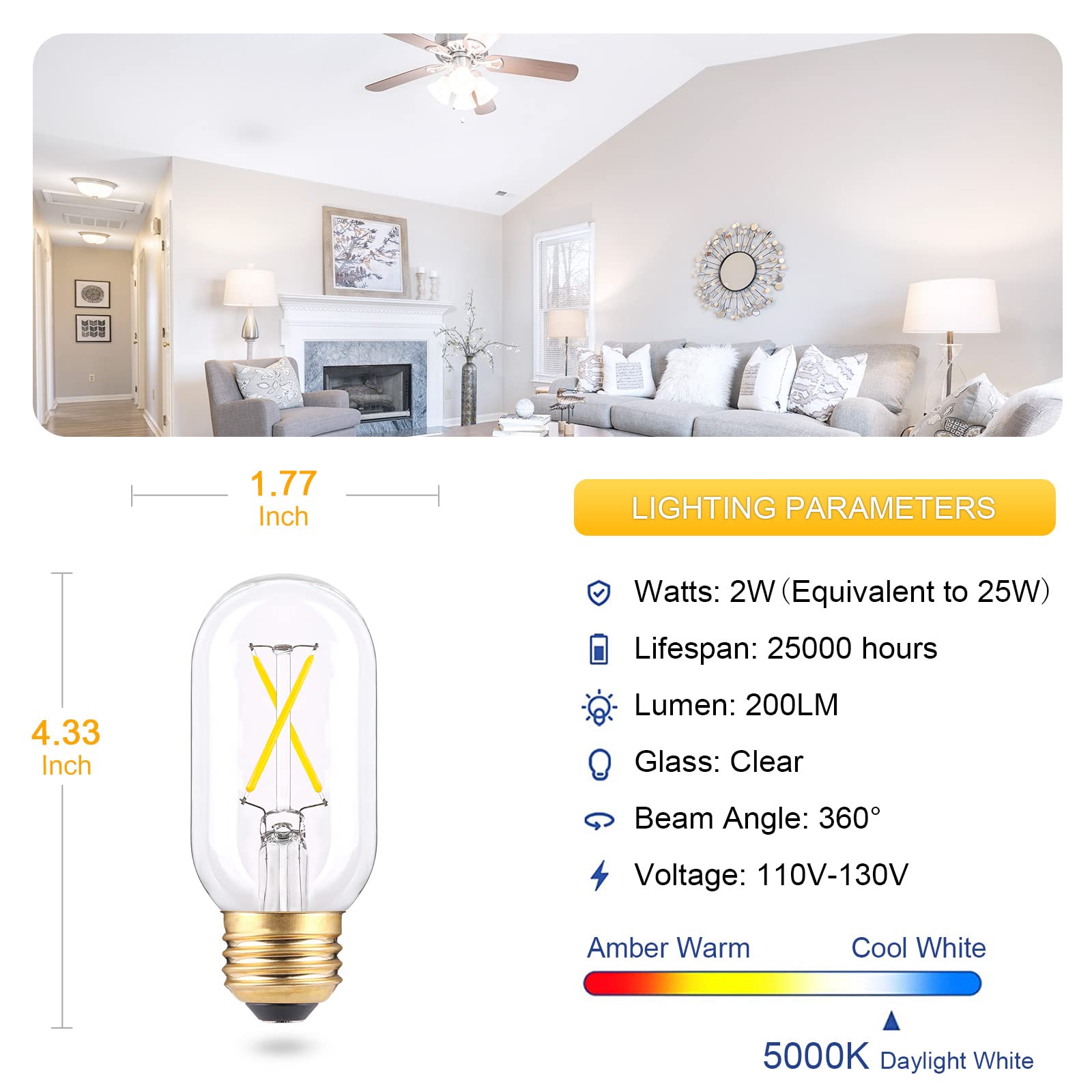 2W Dimmable Tubular E26 T45 Led Light Bulb, Daylight 5000K,6-Pcs
